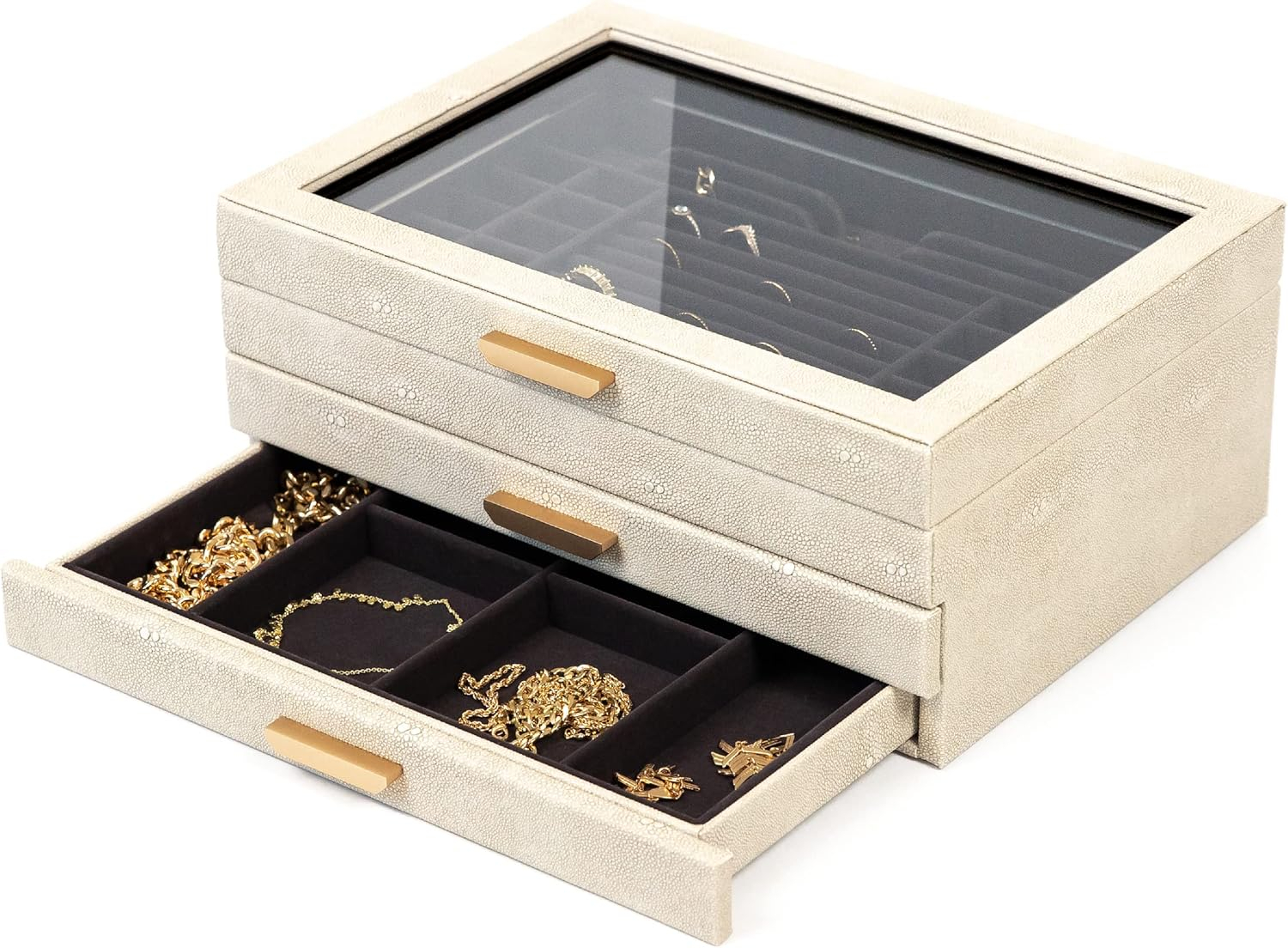 Large 3 Tier Jewelry Box, Storage Case Organizer for Women, Shagreen Vegan Leather by Case Elegance