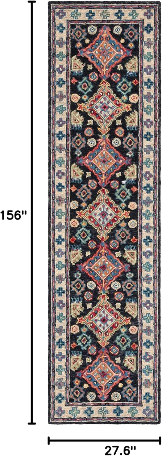 SAFAVIEH Aspen Ermintrude Floral Bordered Wool Runner Rug, Charcoal/Blue, 2'3" x 13'