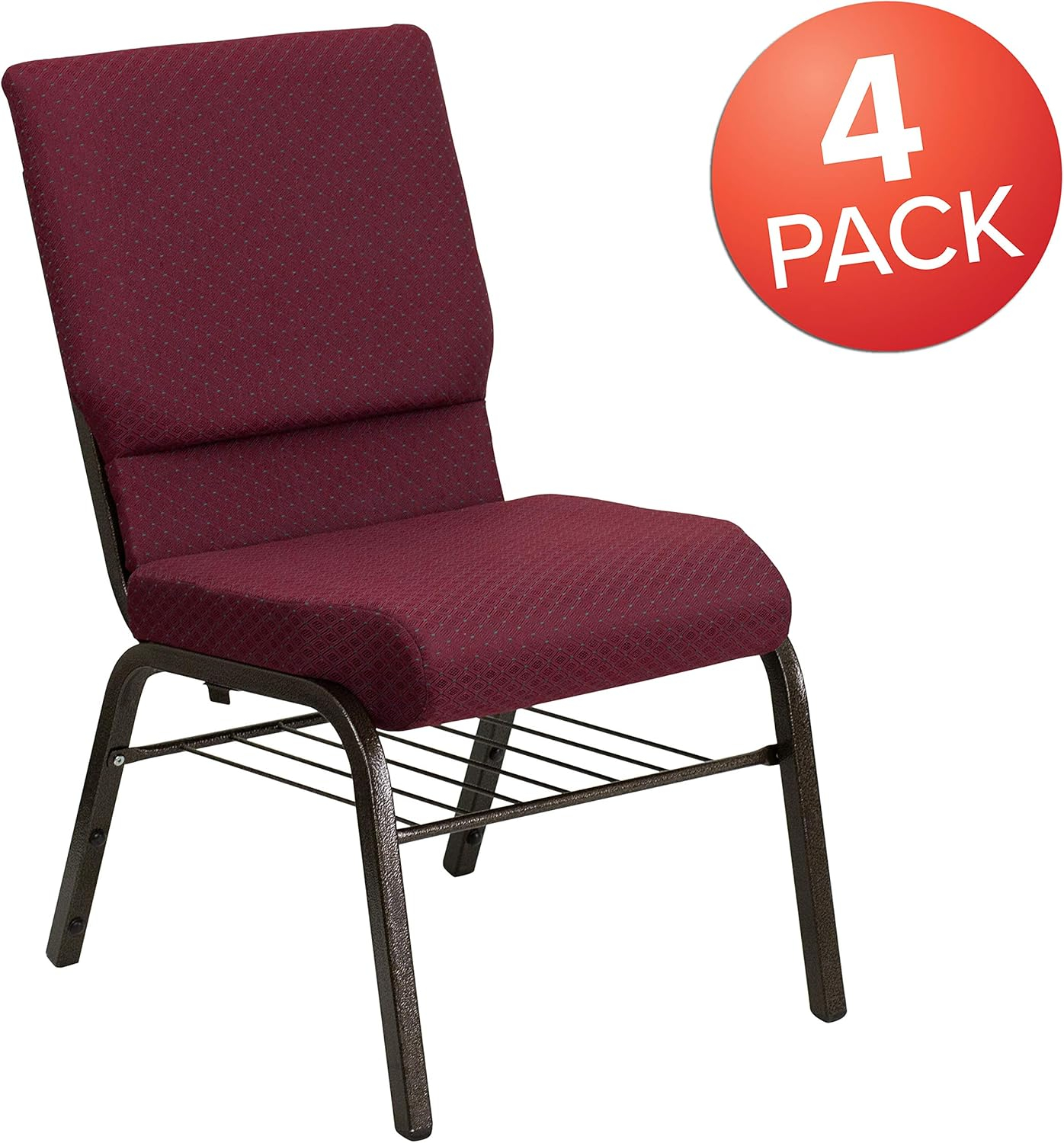 Burgundy Patterned Fabric Church Chairs with Gold Metal Frame, Set of 4