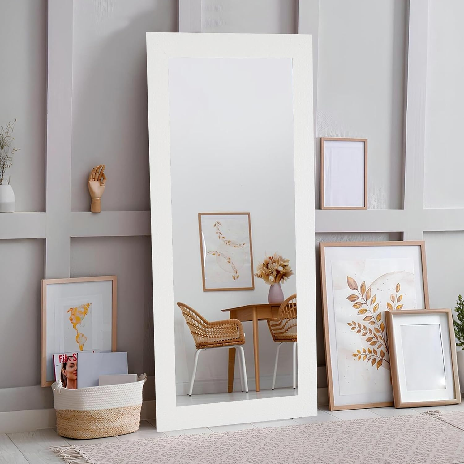 White Mosaic Full Length Rectangular Mirror with Faux Wood Frame