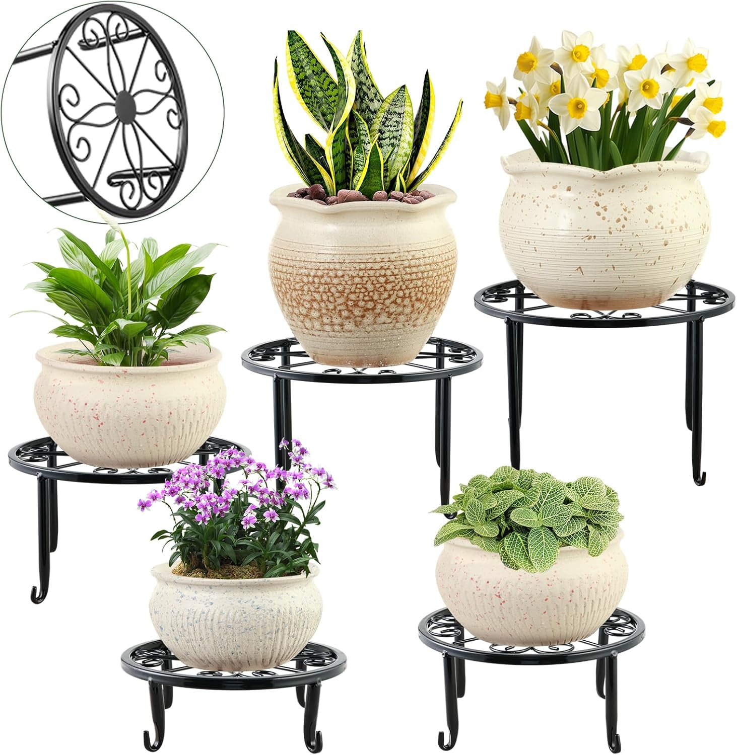 3 Pack 9 inches Metal Plant Stands with Saucer for Indoor and Outdoor Plants Heavy Duty Potted Heavy Duty Flower Pot Stand Holder Rustproof Iron Round Plant Shelf for Garden, Brown