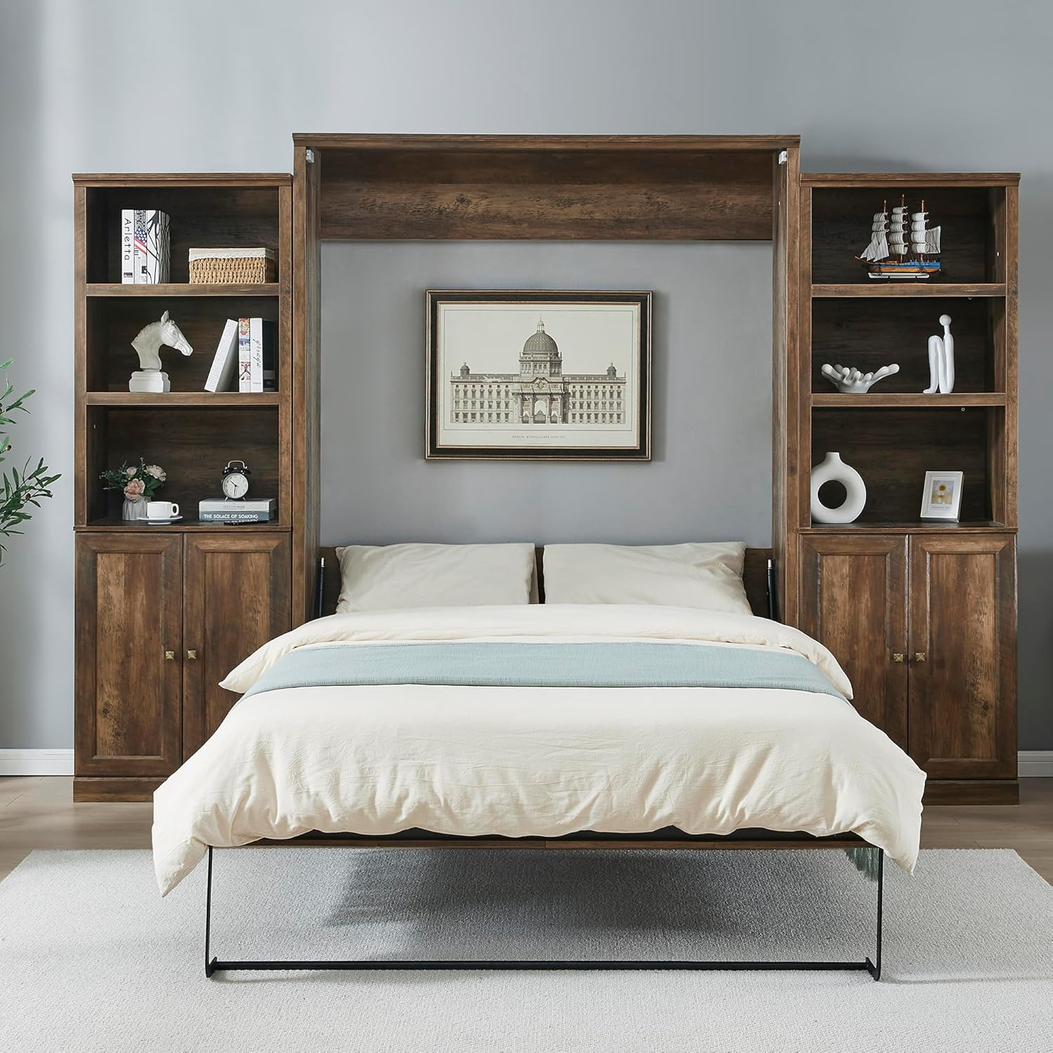 LUSPAZ Queen Size Half Self-Close and Open Murphy Bed with 2 Side Cabinet and Desk, Space-Saving Design Solid Pine Wood Foldable Pull Out Bed Cabinet, for Apartments, Bedrooms, Brown