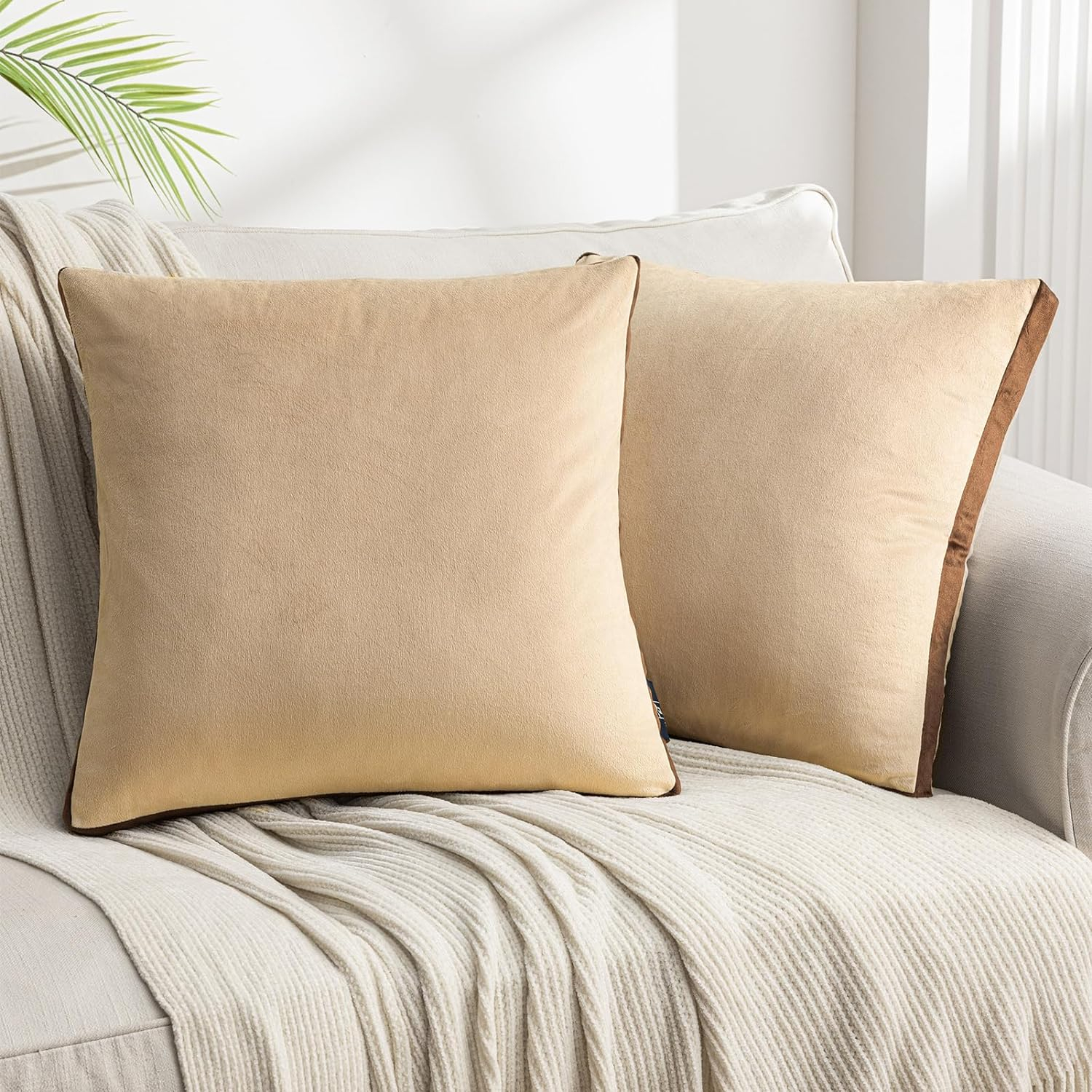 Toptie Set of 2 Velvet Pillow Covers 18" x 18", Throw Cushion Case for Sofa Bedroom (Beige)
