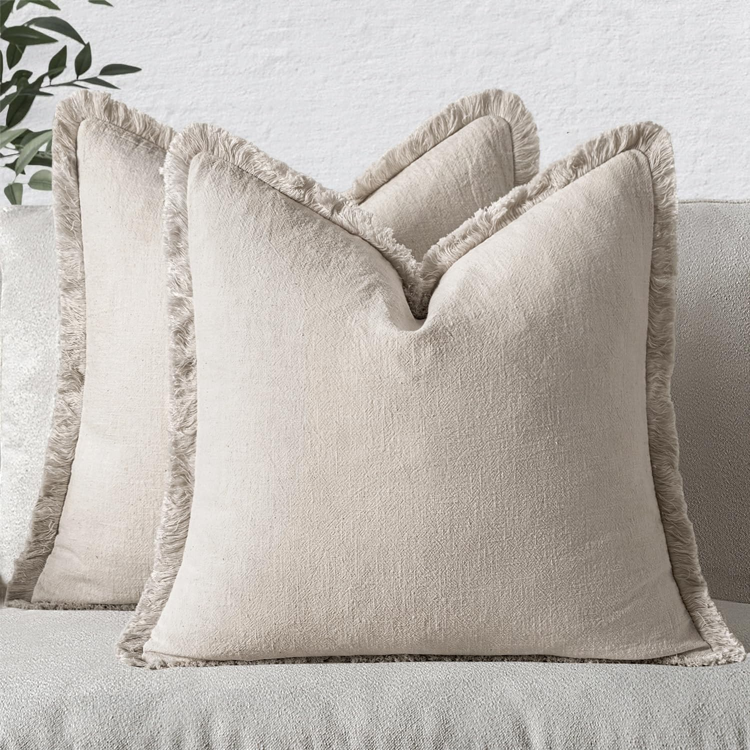 MIULEE Throw Pillow Covers Boho Farmhouse 18x18 Set of 2 Decorative Beige Couch with Fringe Chic Cotton Pillowcases Home Decor Accents for Cushion Soft Bed Living Room