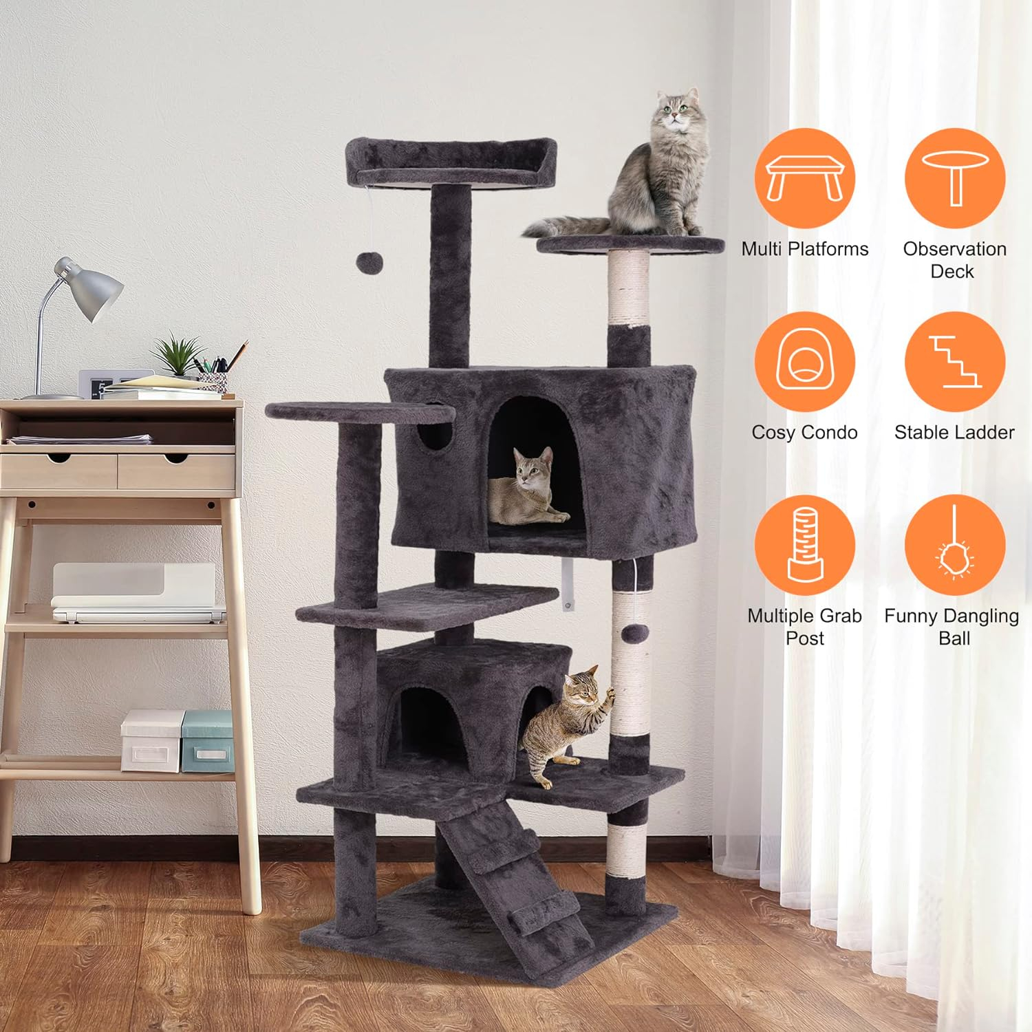 53 Inches Multi-Level Cat Tree Furniture Kitten Activity Play House Bed Pet Kitty Climbing Tower with Scratching Posts/Plush Perch/Scratcher Ladder/Tunnel for Cats,Kittens,Pets (Grey)