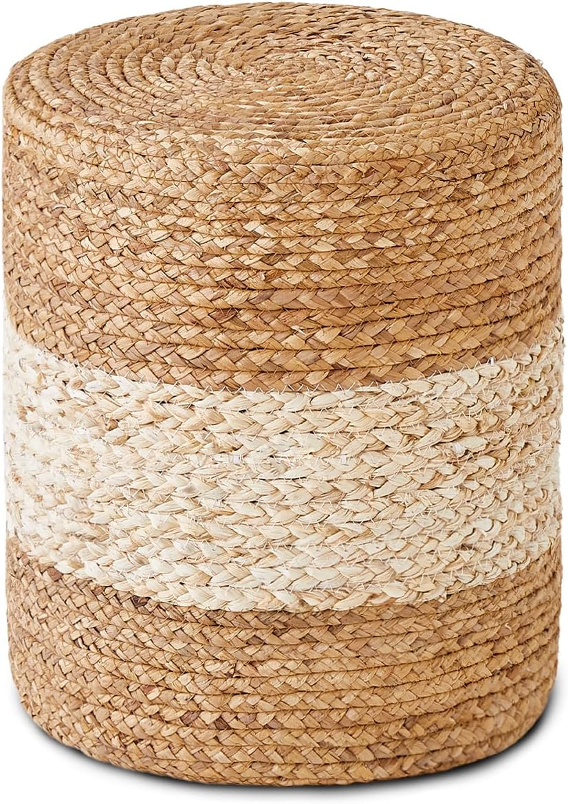 Mxfurhawa Seagrass Pouf Ottoman Round Accent Foot Rest Stool Outdoor, Natural & White