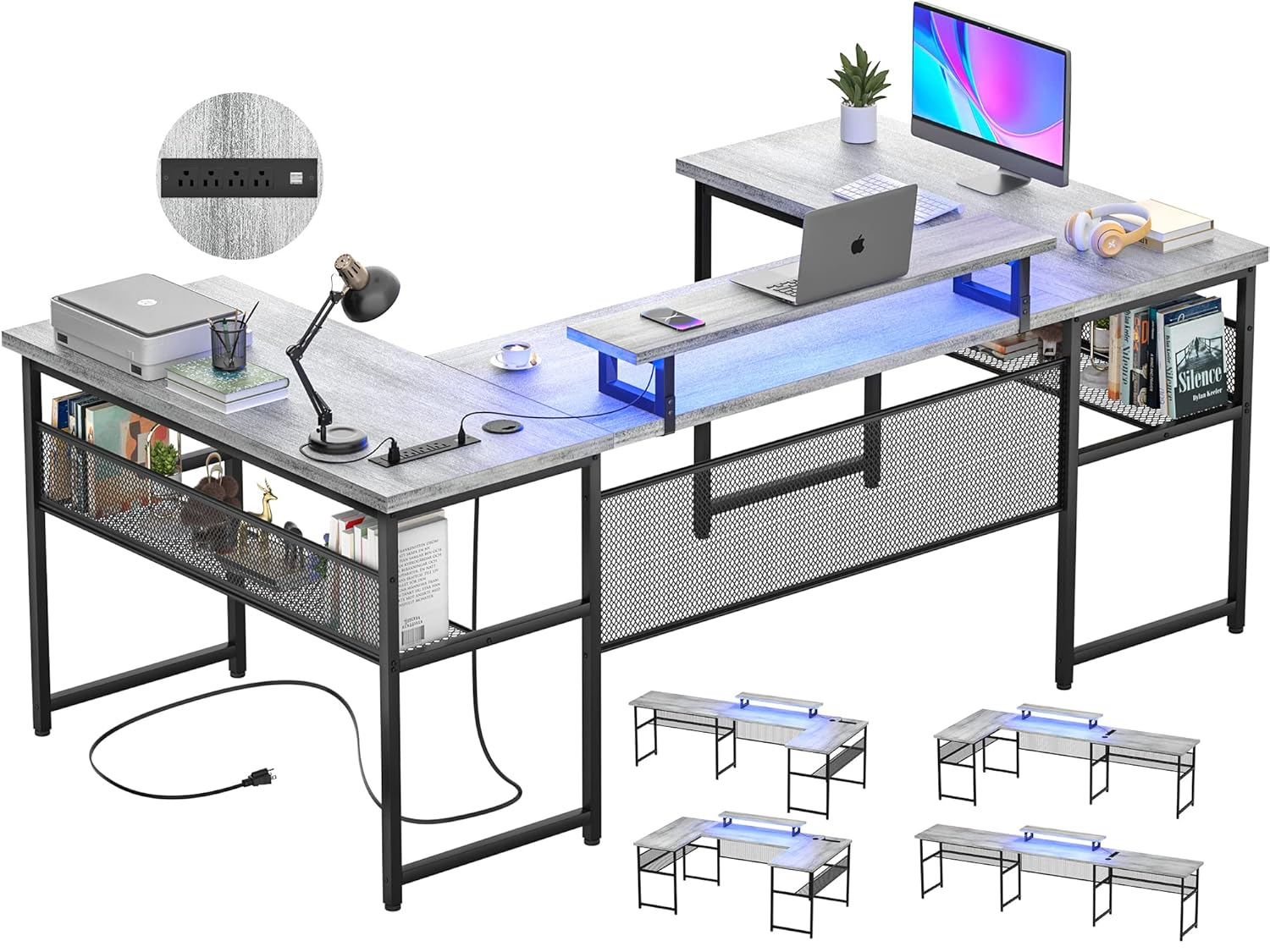 Unikito U Shaped Computer Desk with Power Outlet and LED Strip, Reversible L Shaped Office Desk with Monitor Stand and Bookshelf, Modern U- Shape Corner Desk, 130 Inch 2 Person Gaming Table, White Oak