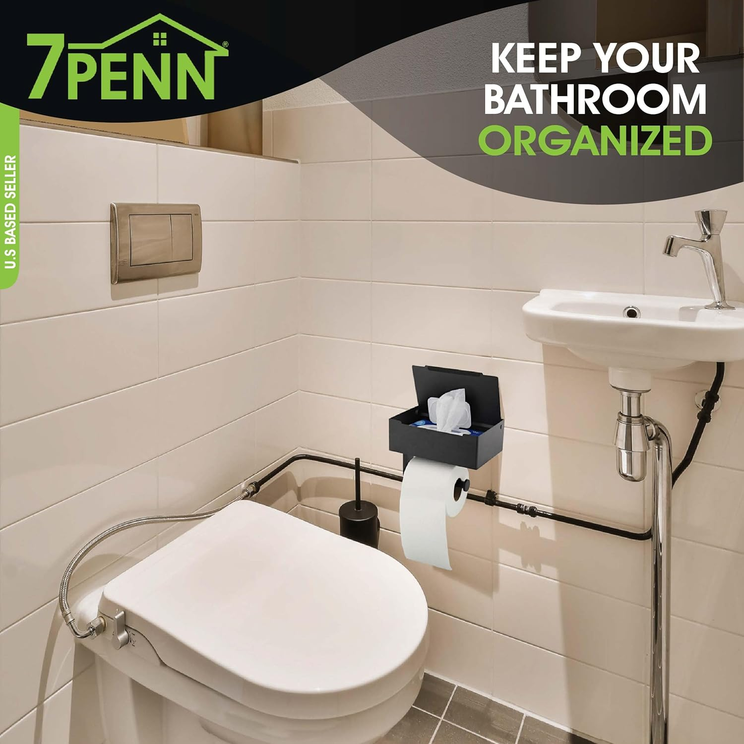 7Penn Bathroom Organizer - Matte Black Toilet Paper Holder with Shelf and Flushable Wipes Dispenser Storage Compartment