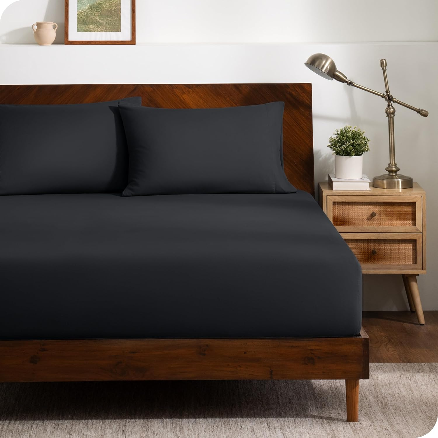 Bare Home Ultra-Soft Fitted Sheet + Pillowcase Set - Premium 1800 Collection - Deep Pocket - Queen, Black