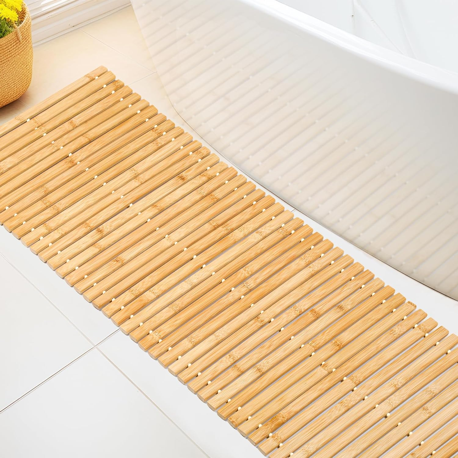 Bamboo Bath Mat Large Long Wood Bath Mat,16x48 Inch Non Slip Bamboo Shower Floor Mat Wooden Bathroom Mat for Bathtub,Spa,Door,Sauna or Outdoor (Natural Slat)