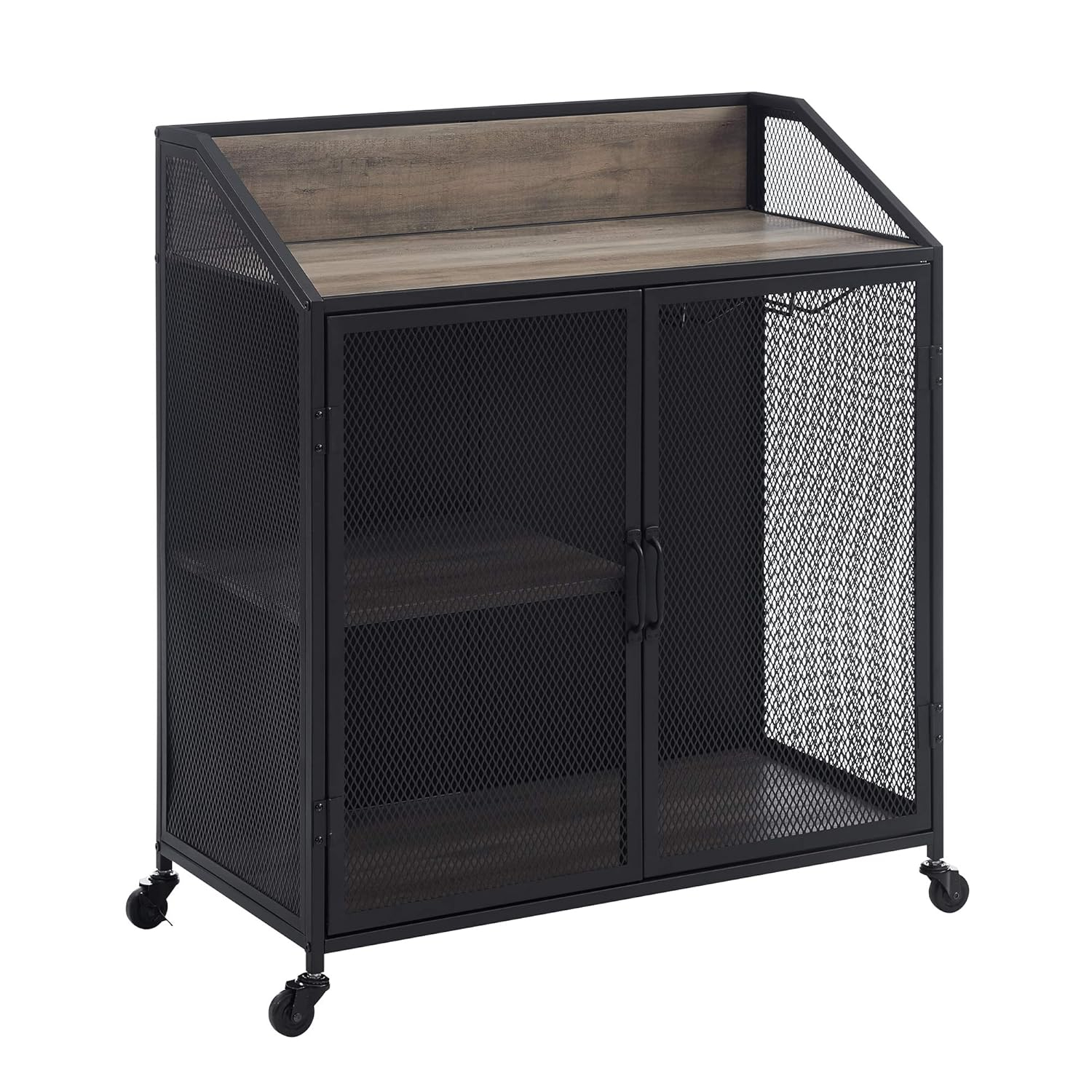 Walker Edison Industrial Bar Cabinet with Wheels, Grey Wash