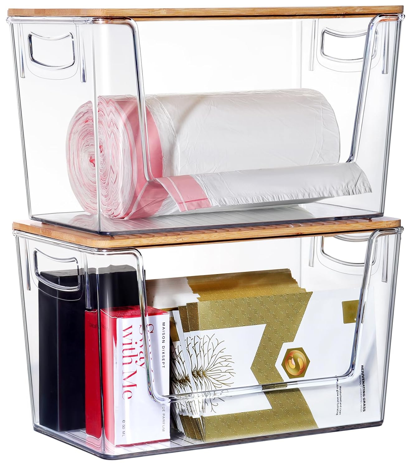 2 Pack Trash Bag Holder Dispenser, Extra Large Garbage Bags Holder, Stackable Trash Bag Holder with Bamboo Top for Laundry Room & Under Sink