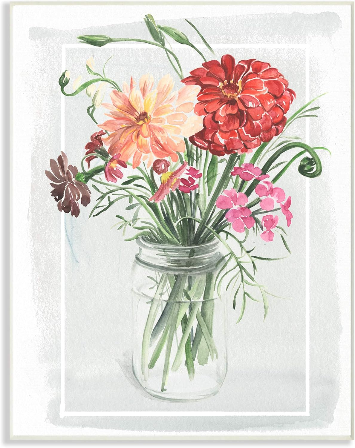 The Stupell Home Decor Collection Summer Zinnia Wildflowers in a Mason Jar Watercolor Painting Wall Plaque Art, 10 x 0.5 x 15