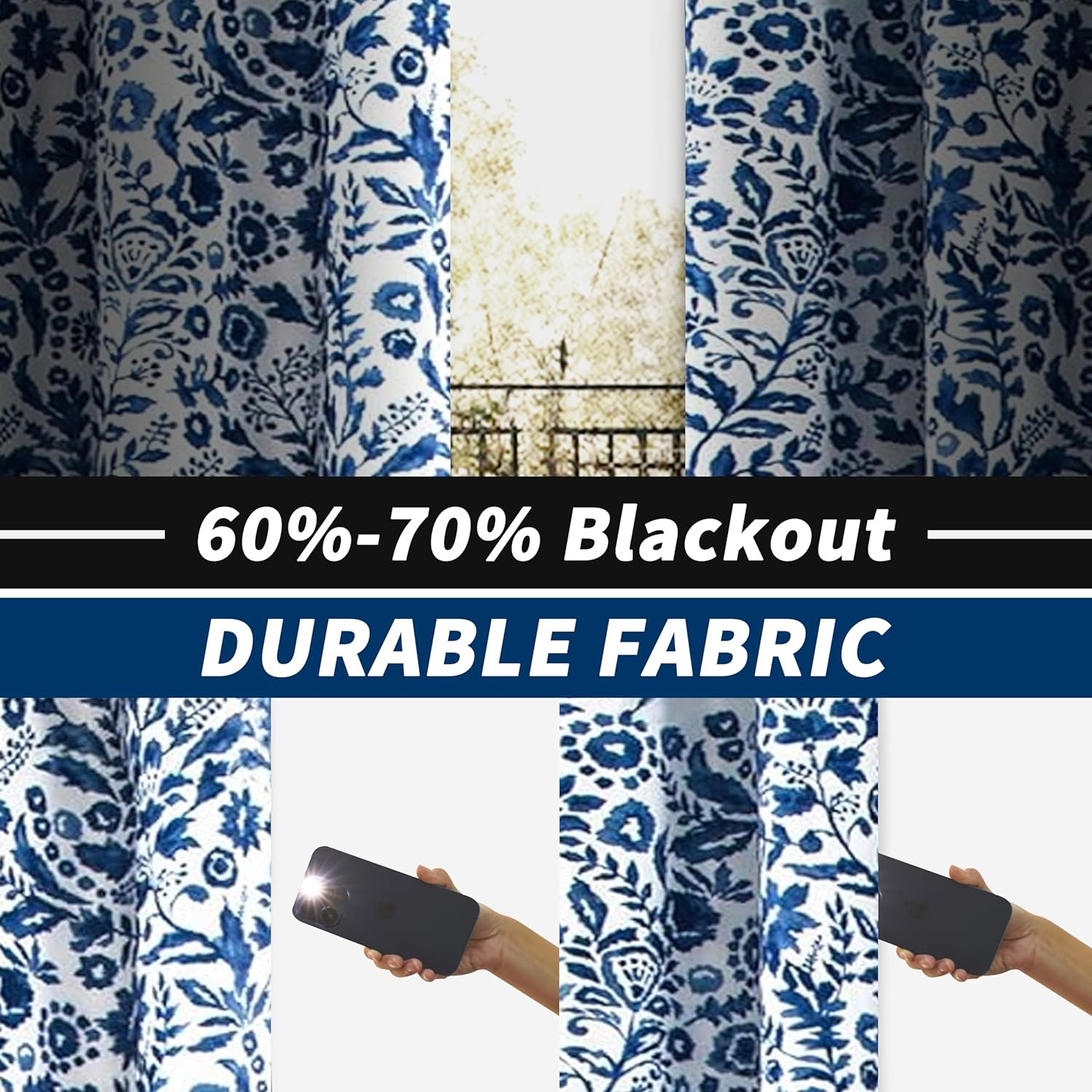 DriftAway Julia Watercolor Blackout Room Darkening Grommet Lined Thermal Insulated Energy Saving Window Curtains 2 Layers 2 Panels 36"L x 52"W Navy
