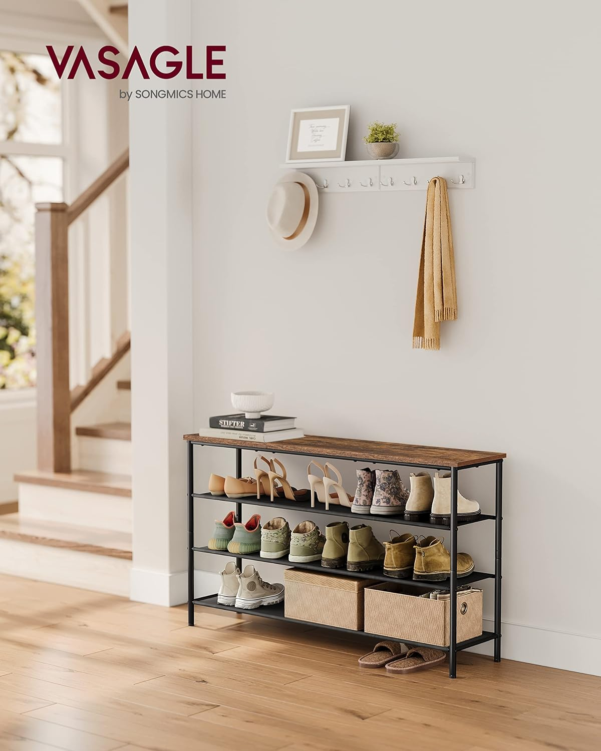 Industrial 4-Tier Black Metal and Fabric Shoe Rack