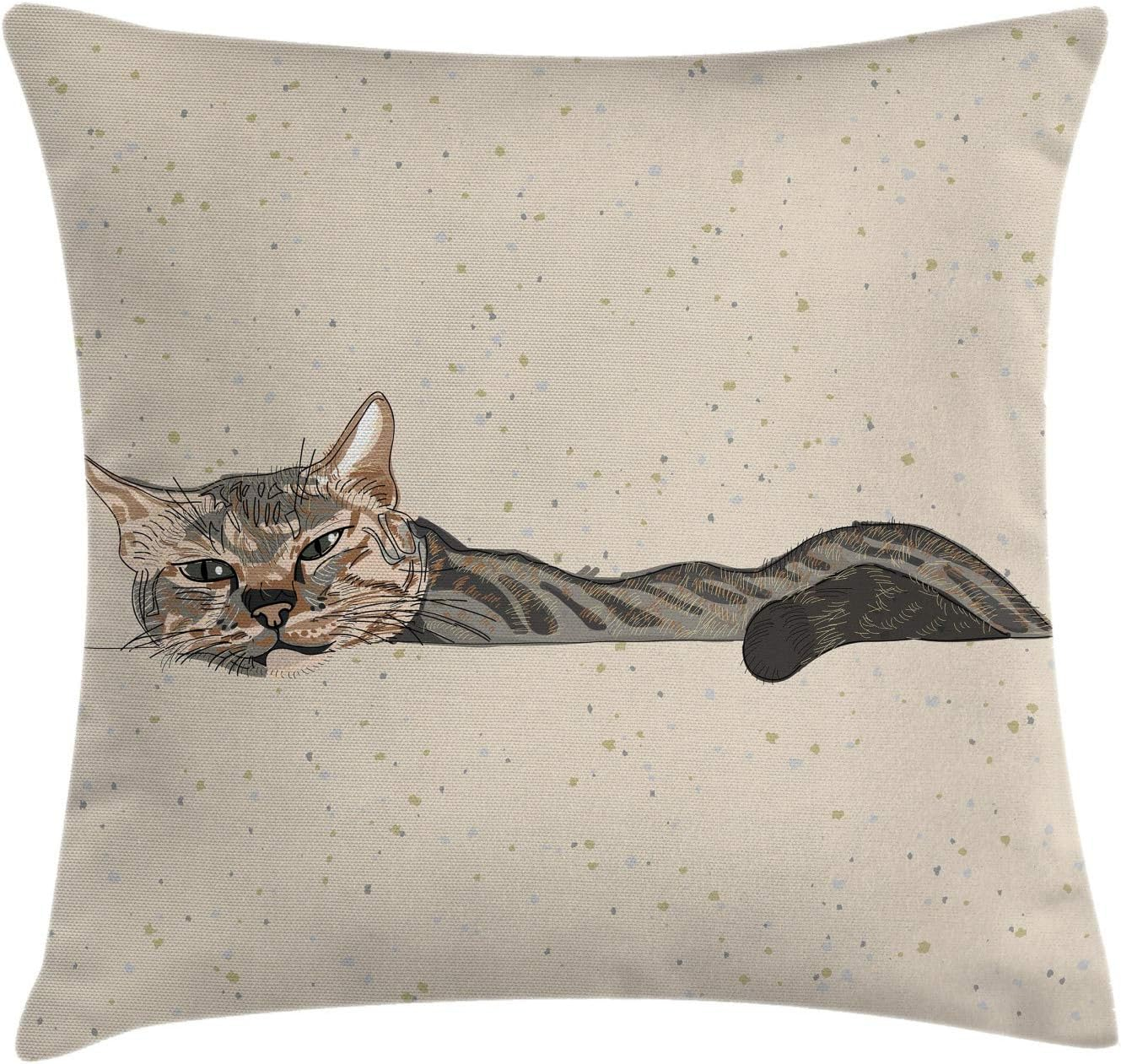 Cat Throw Pillow Cushion Cover, Lazy Sleepy Cat Figure in Earth Tones Cute Furry Mascot Indoor Pet Art Illustration, Decorative Square Accent Pillow Case, 16 X 16 Inches, Grey Beige, by Ambesonne