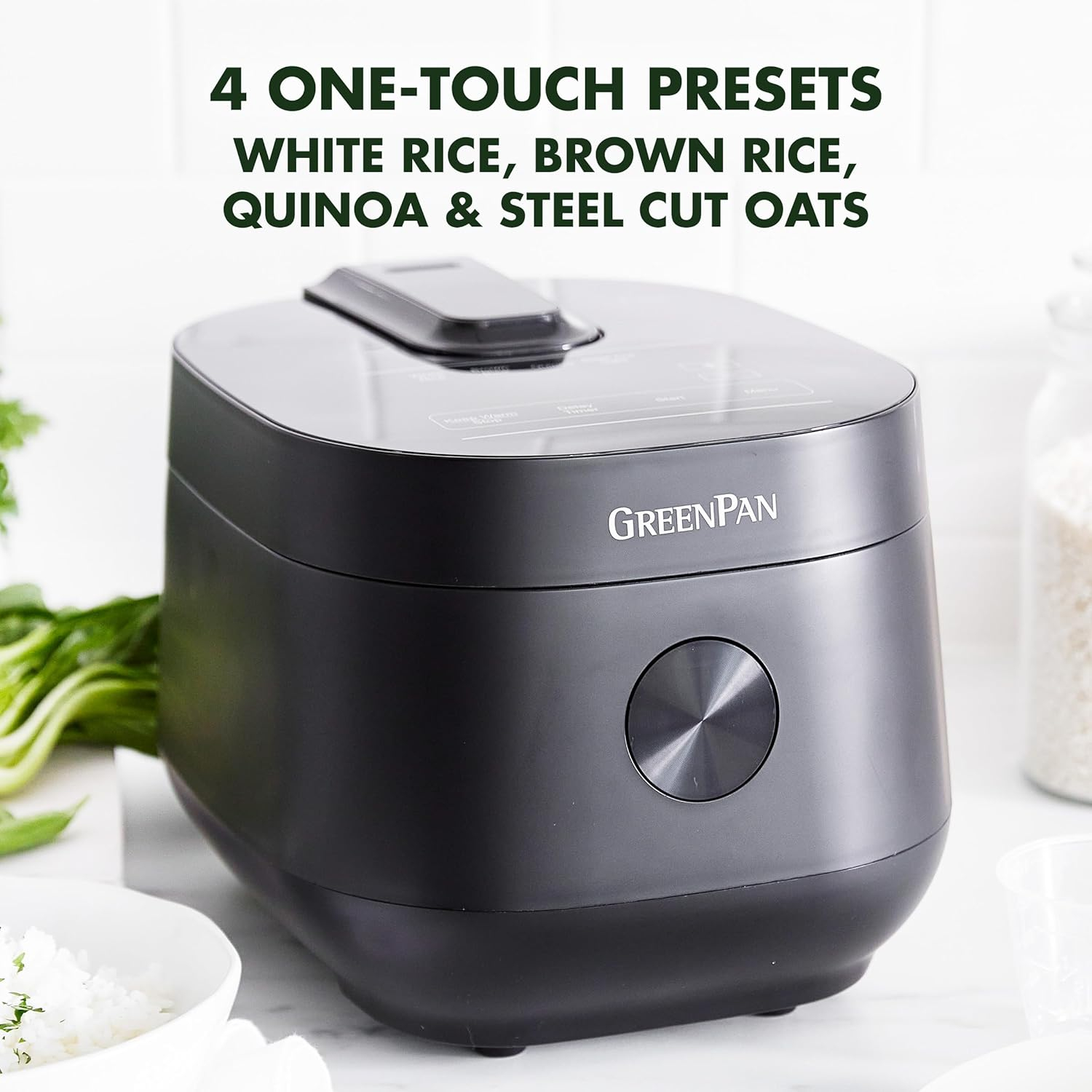 GreenPan Healthy Ceramic Nonstick Rice Quinoa Steel Cut Oats & Grains Cooker,Easy Meal Presets,4 Cups Uncooked (8 Cooked),Cool Touch,Compact,Warms, Steam,Removeable Bowl,Spatula Ladle&Cup, Matte Black