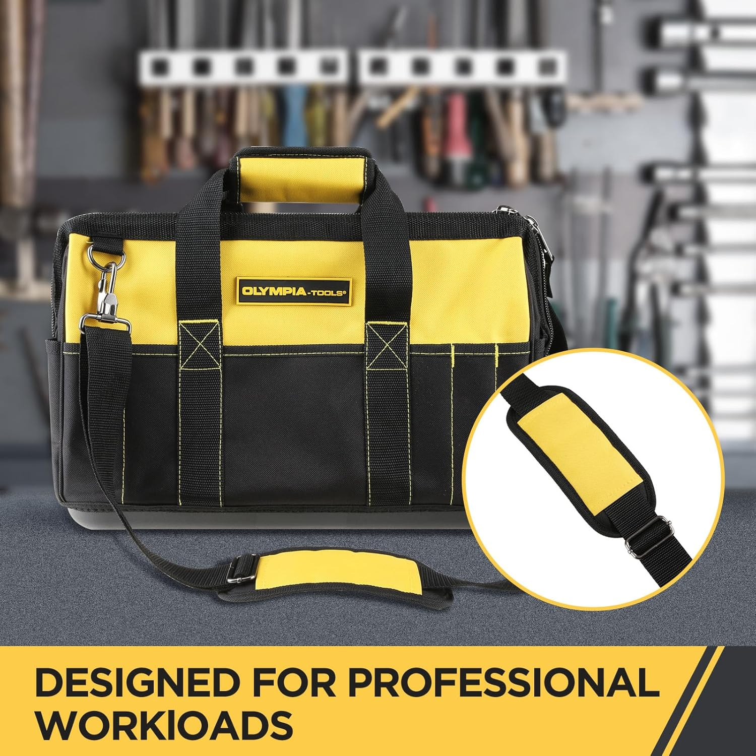 Olympia Tools 16 Inch Wide Mouth Tool Bag, Tool Tote with Water Proof Molded Base, Tool Bags for men with 21 Pockets and 7 Belt Loops, Padded Handle, Adjustable Shoulder Strap