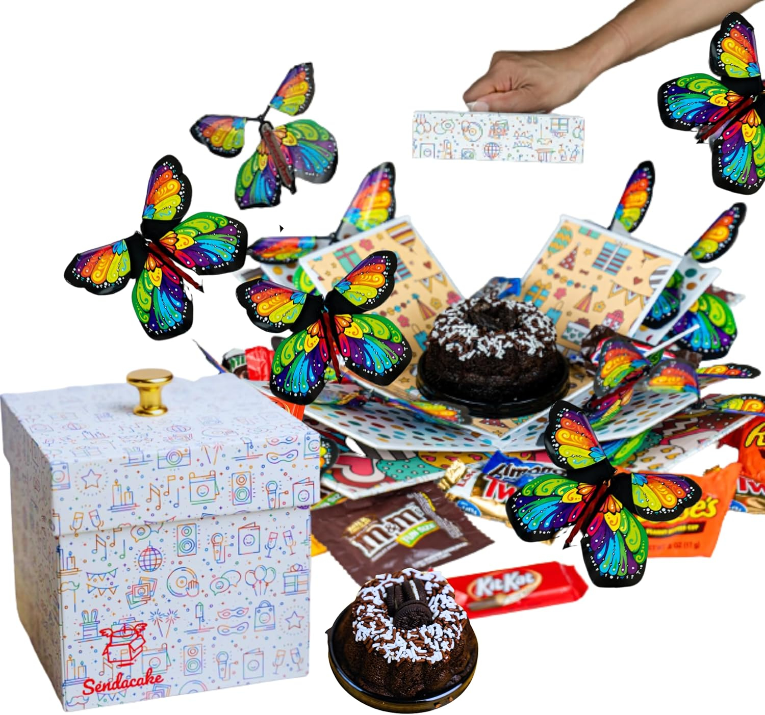 Sendacake White & Gold Foil Celebration Explosion Flying Butterfly Surprise, Cake & Flowers Gift Box