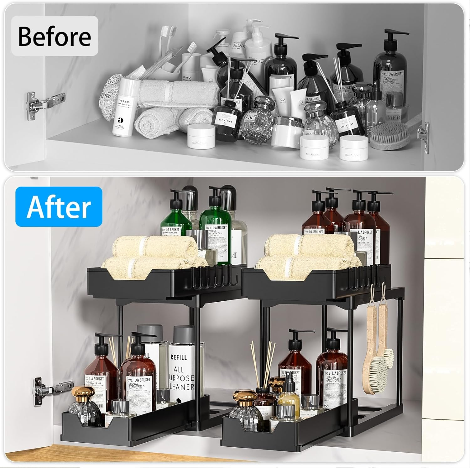 2 Pack Under Sink Organizers and Storage, 2-Tier Sliding Cabinet Basket Organizer with Hooks, Multi-Purpose Under Sink Organizers and Storage for Bathroom Kitchen