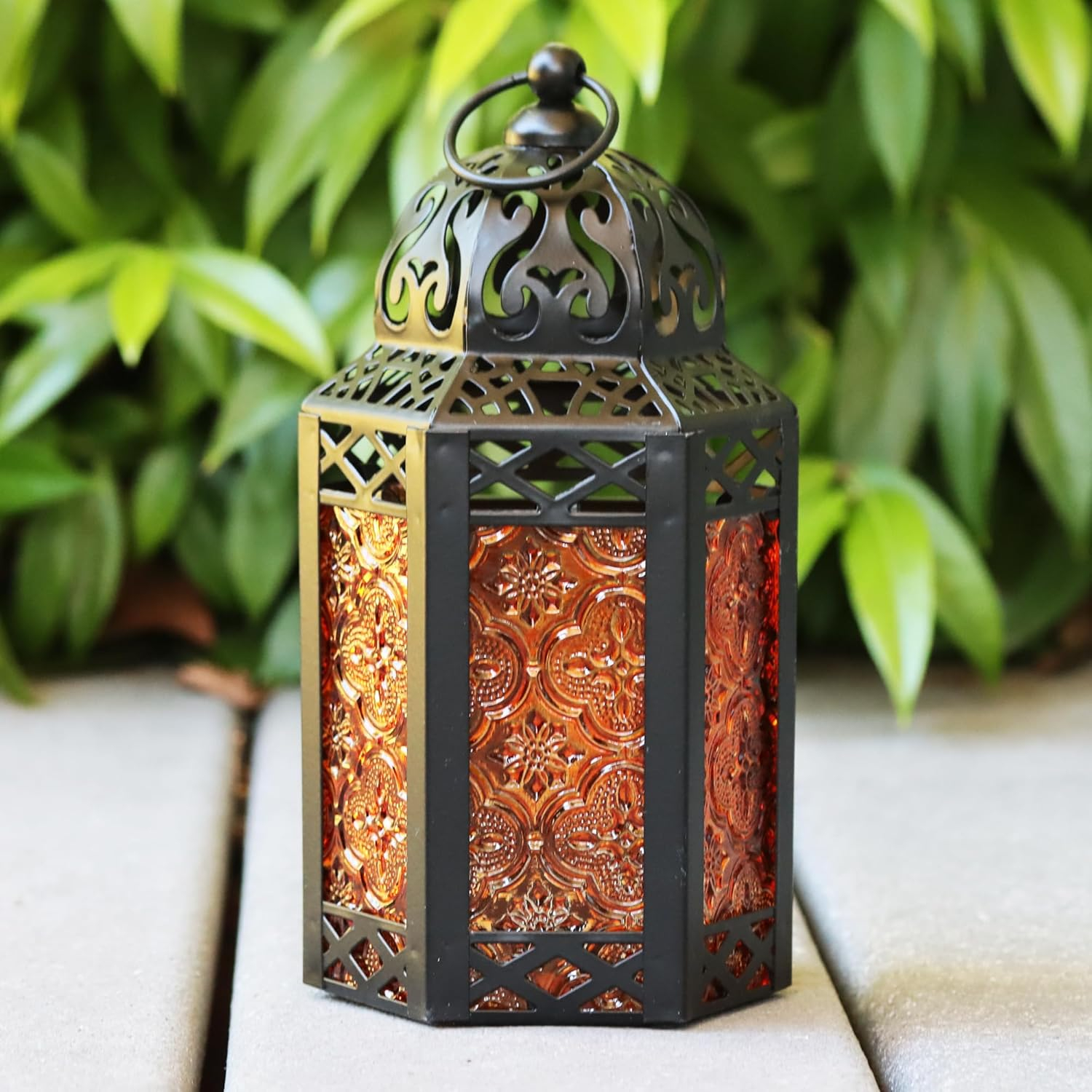 Small Black Metal Moroccan Lantern with Amber Glass Panels