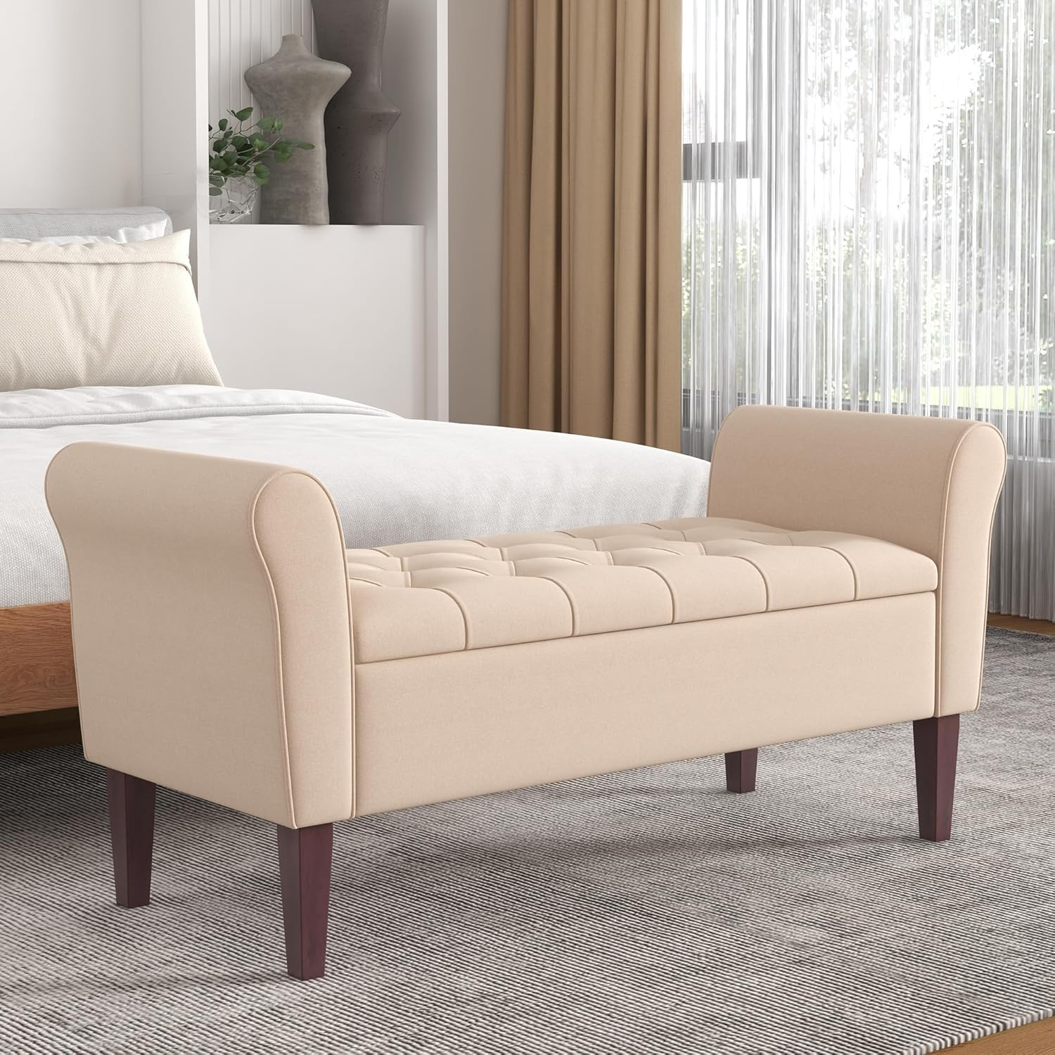 Tan Tufted Fabric Storage Ottoman Bench with Solid Wood Legs