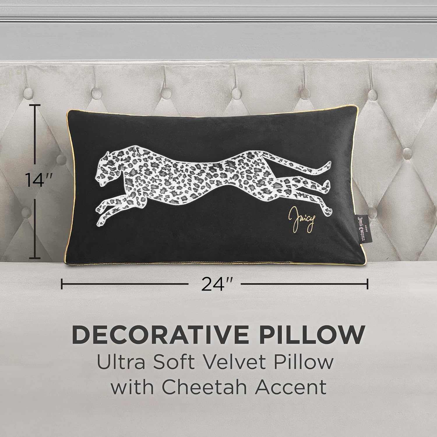 Juicy Couture Rectangle 1-Piece Decorative Accent, Premium Reversible Throw Pillow, Living Room and Bedroom Décor, 14"x24", Cheetah Black