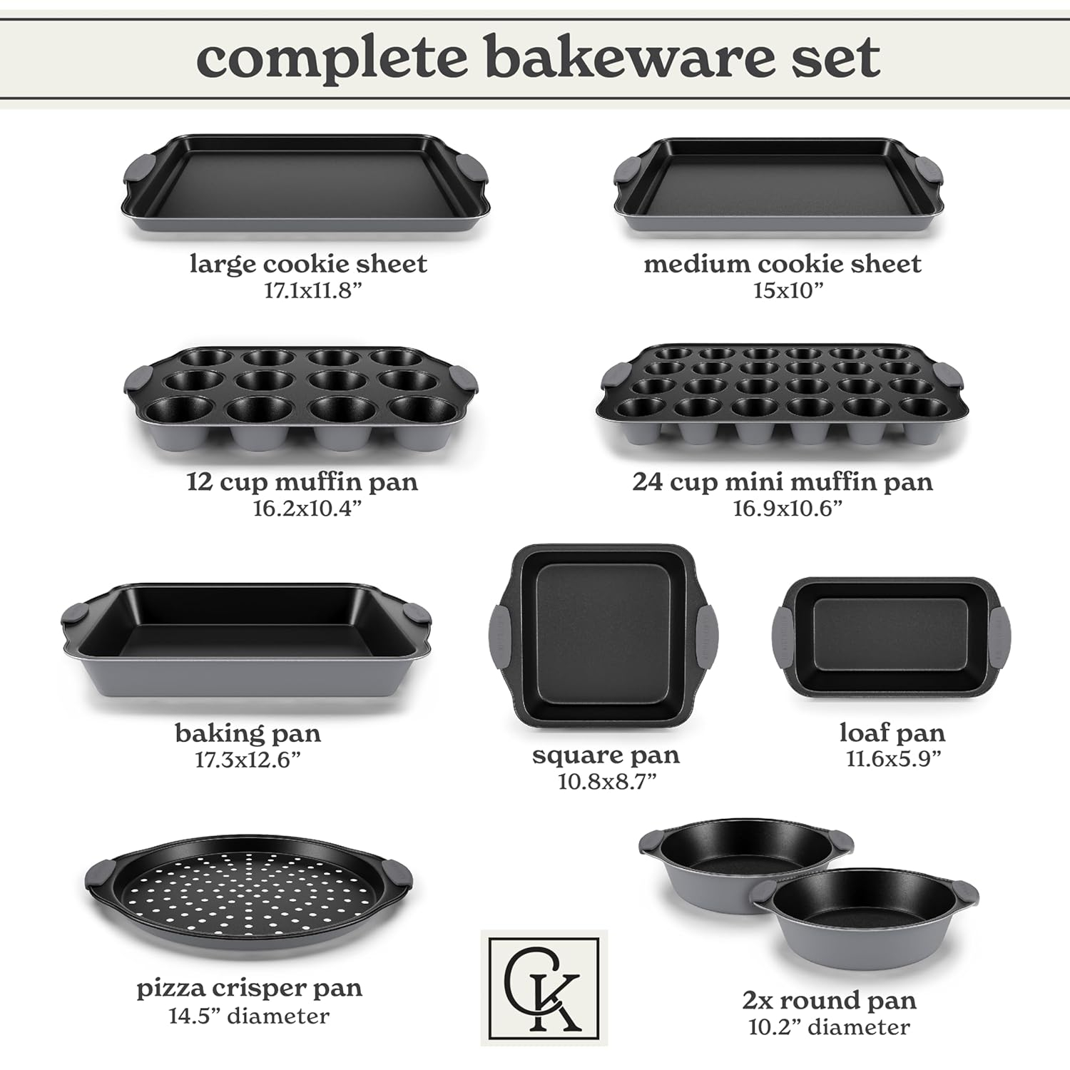Gray Nonstick Stackable Bakeware Set with Silicone Handles, 10 Pieces