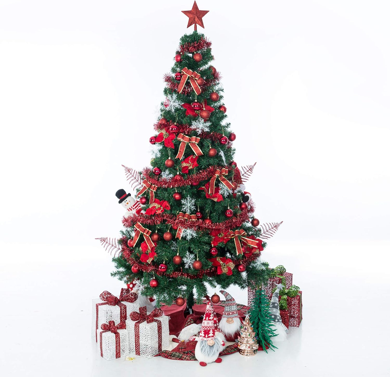 Bibana 94 PCS Christmas Tree Ornaments Set with Glitter Poinsettia, Bows, Ribbons, Leaves & Assorted Decoration Ball for Xmas Tree Holiday Wedding Party Decorations (Red)