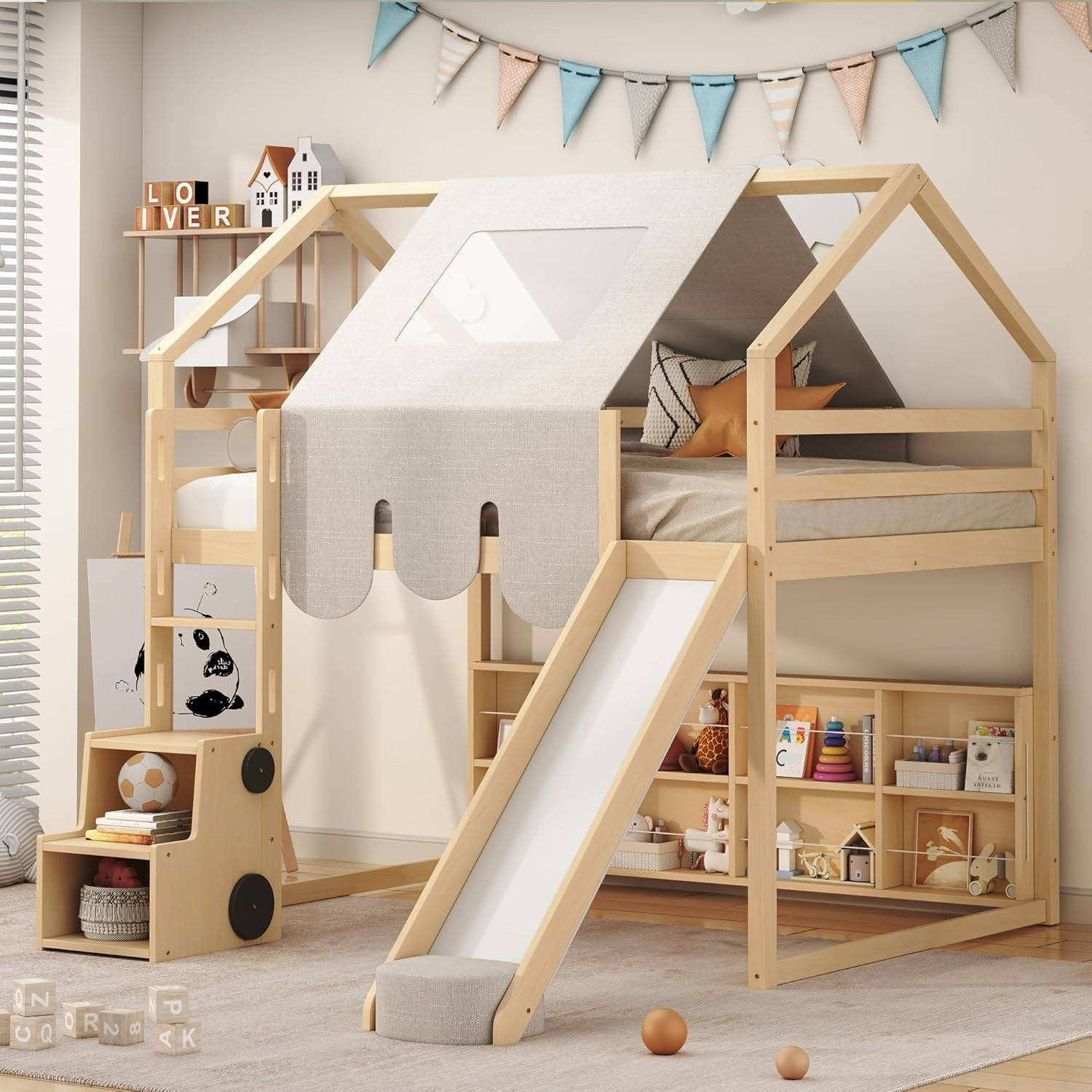 Kids Loft Bed Full Size, Full Loft Bed with Slide and Ladder, Kids House Loft Bed with Storage Shelf and Removable Tent, Full Size Loft Bed for Girls, Boys(Full Natural Beige)