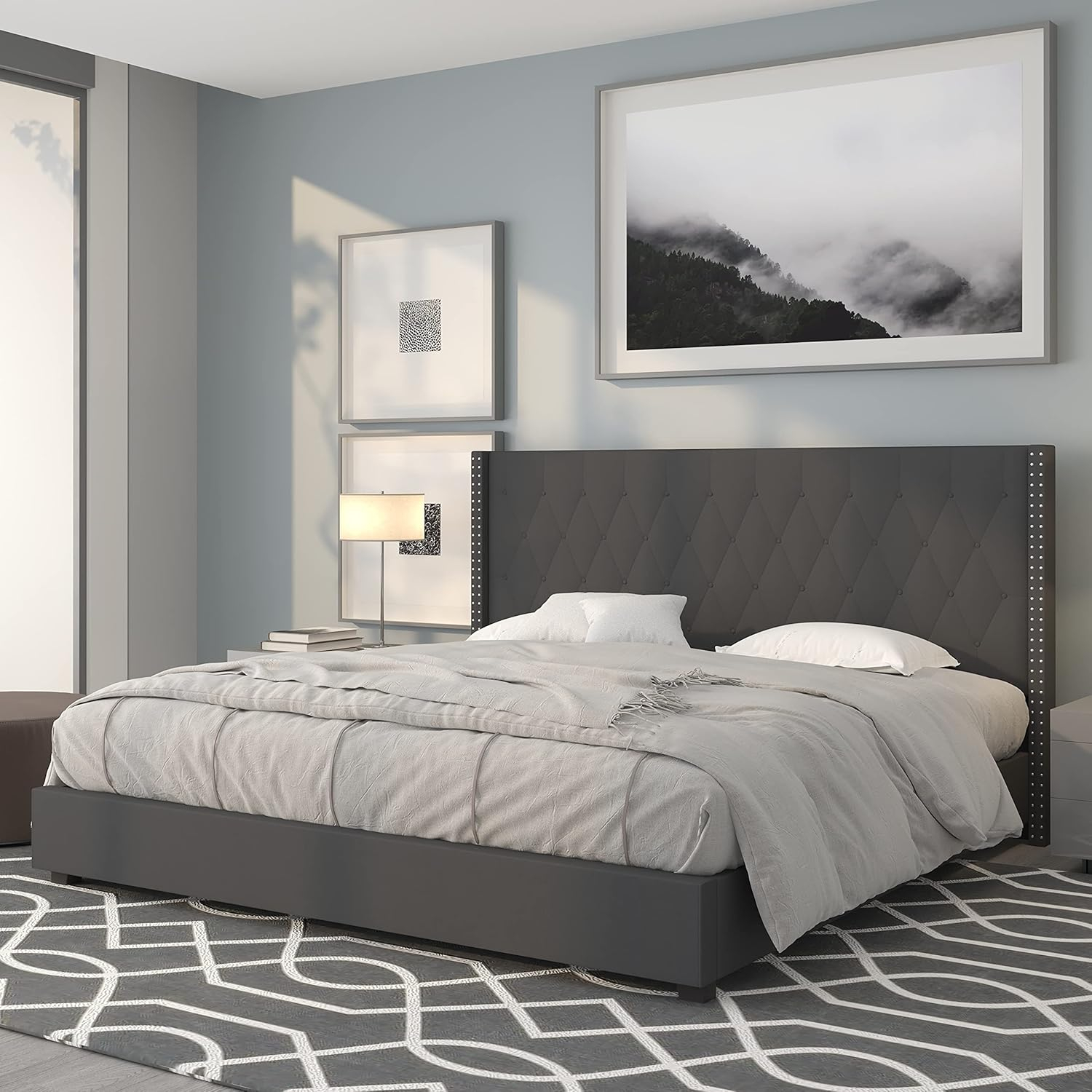 Riverdale Light Gray Tufted King Platform Bed with Nailhead Trim