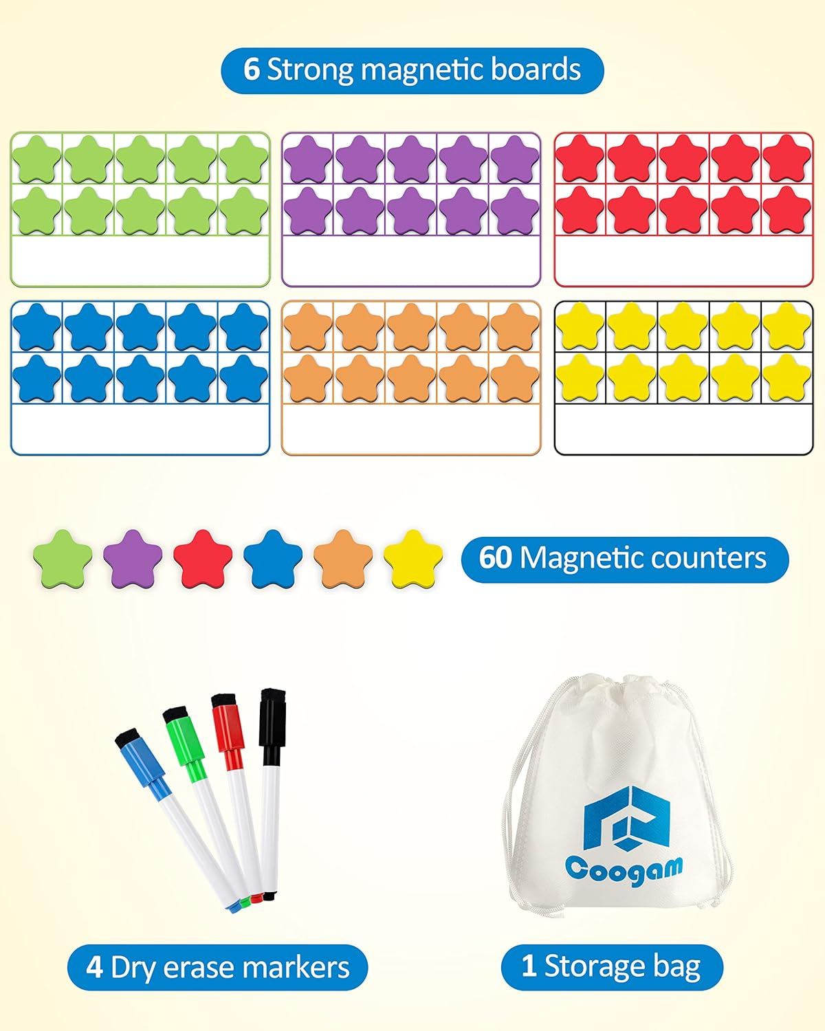 Coogam Magnetic Ten-Frame Set, Math Manipulative EVA Number Counting Games, Montessori Educational Toy Gift for Kindergarten Classroom Kids 3 4 5 Year Old