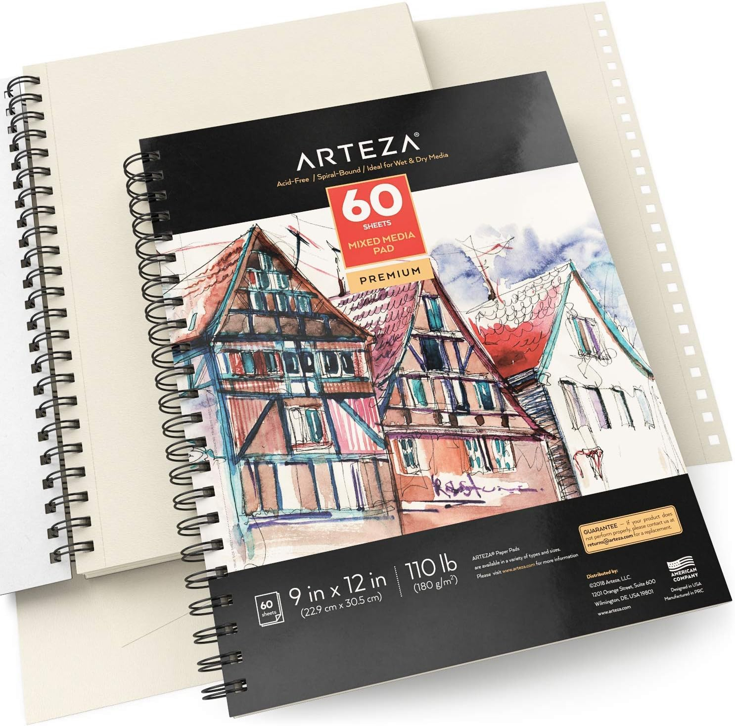 ARTEZA Mixed Media Sketchbook, 9 x 12 Inches, Pack of 2, 60 Sheets Each, Spiral-Bound Drawing Paper Pad for Wet and Dry Media C57