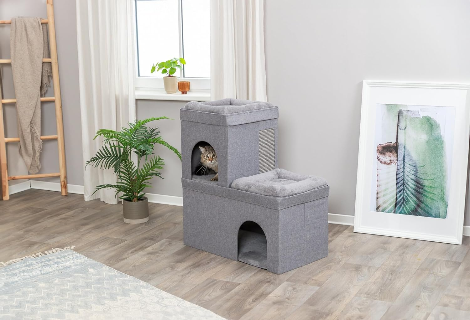 TRIXIE Crazy Cube Stackable 2-Story Indoor Cat Condo, Cat House with Scratching Pad, Gray