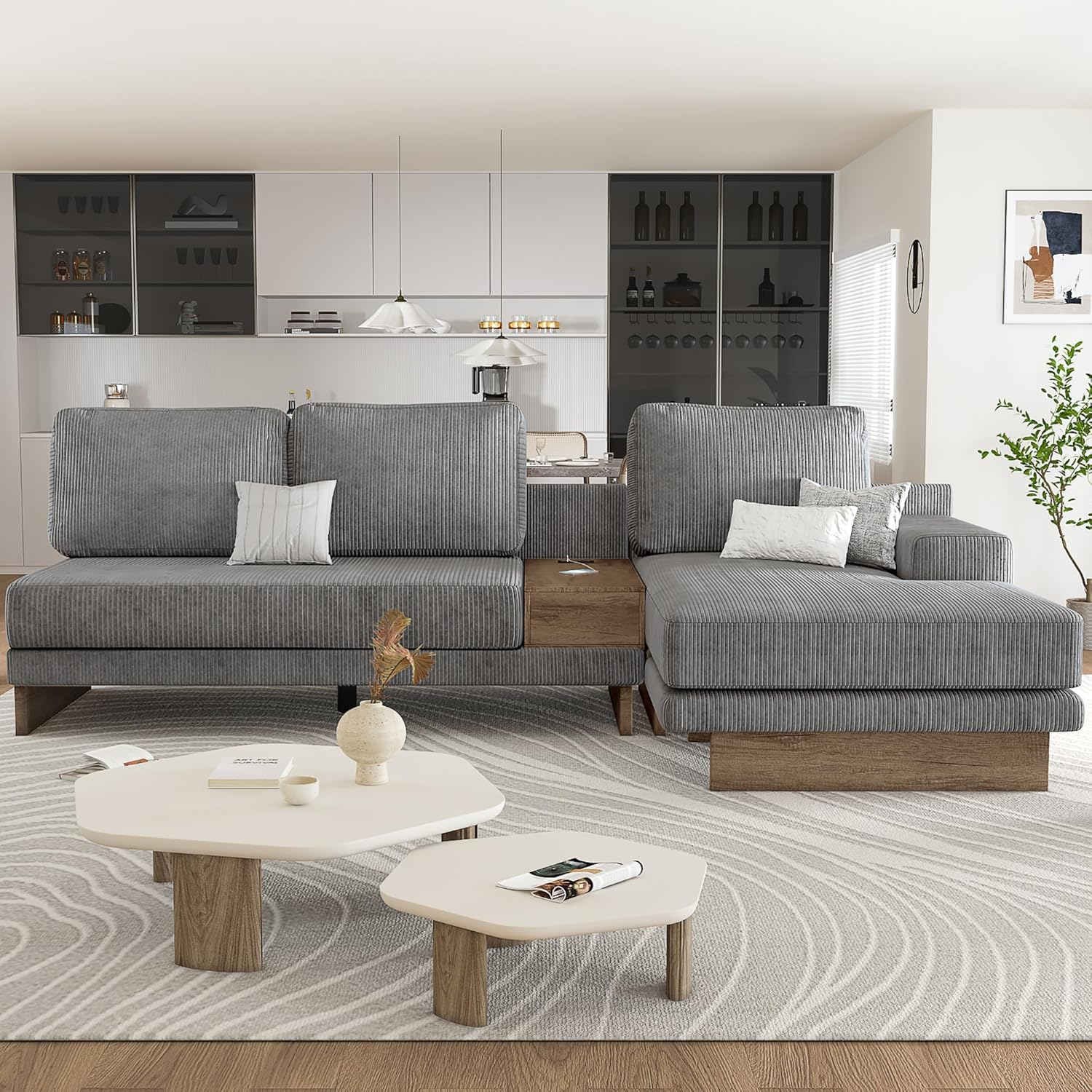 114" L-shaped Sofa Sectional Sofa with Two USB Ports and Two Power Sockets, A Storage Drawer and A Reversible Chaise Lounge for Living Room