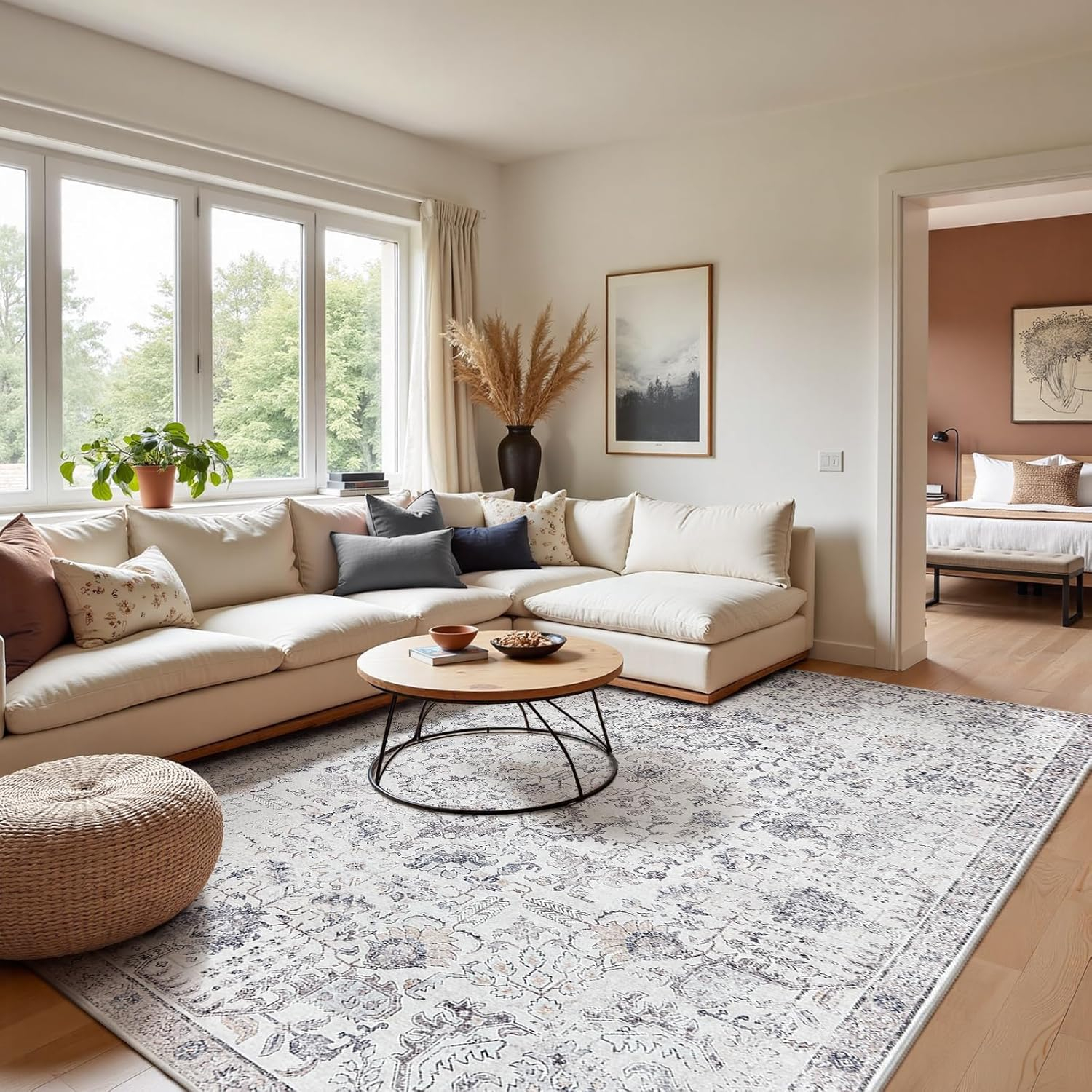 jinchan Area Rug 8x10 Washable Living Room Rug Vintage Indoor Large Floor Cover Retro Accent Mat Distressed Gray Floral Country Boho Non Slip Thin Carpet for Bedroom Kitchen Dining Room Office Grey