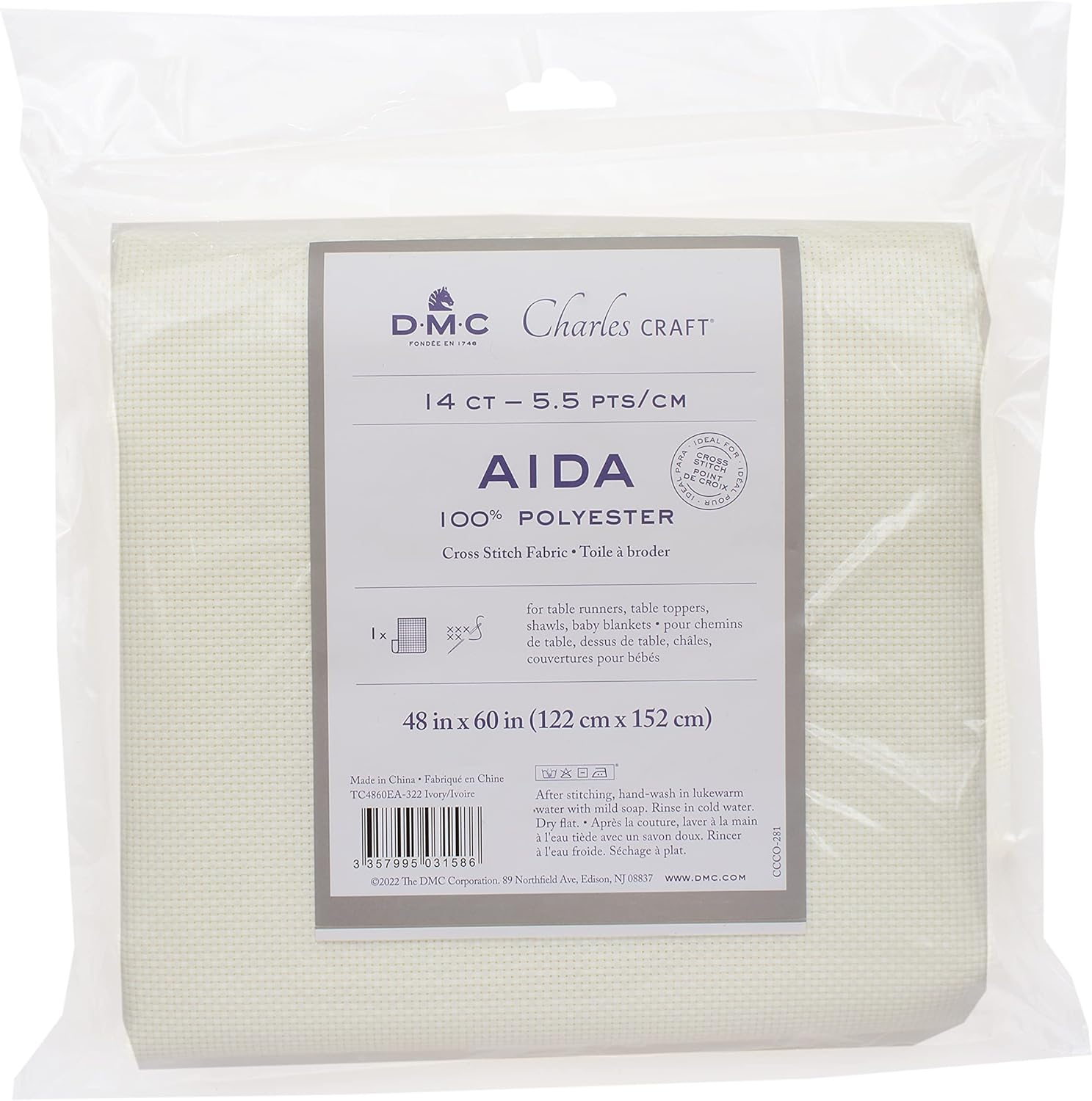 DMC Charles Craft Polyester Aida Fabric - Ivory, 14-count, 48" x 60"