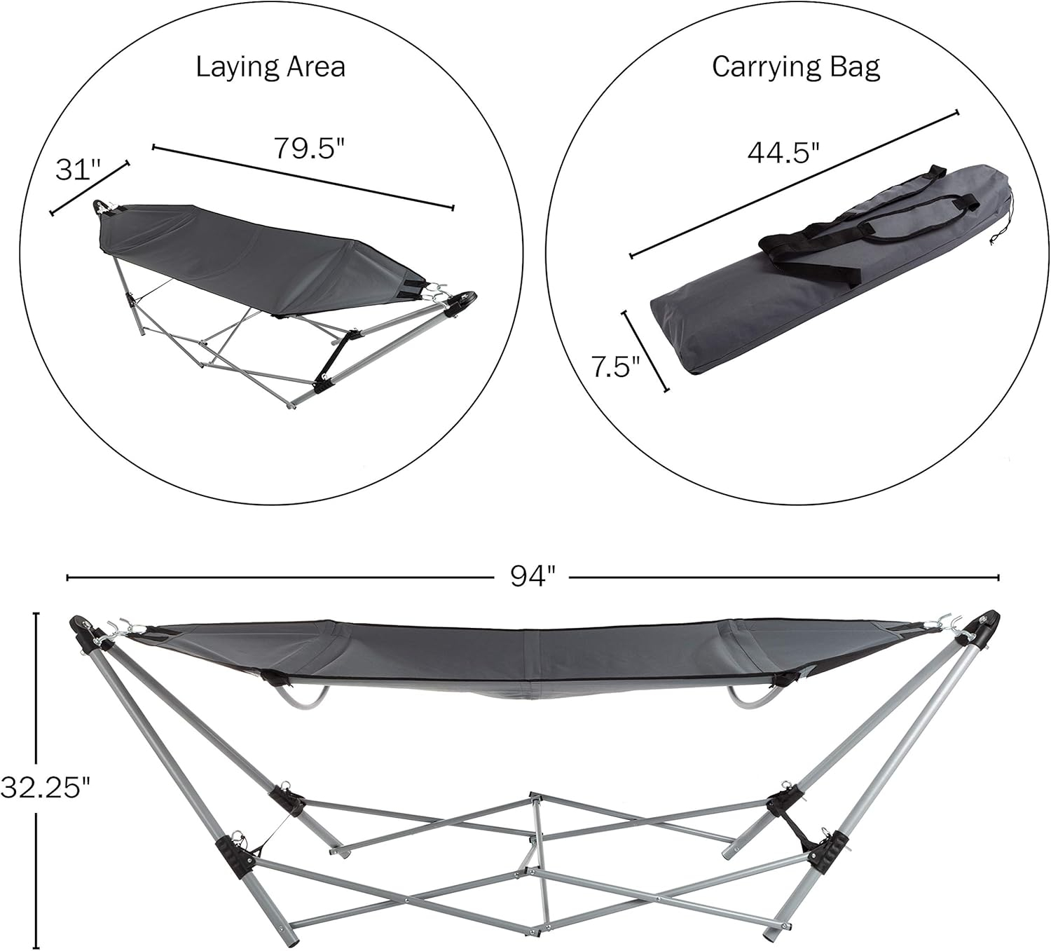 Lavish Home Foldable Portable Hammock with Stand for Outside Travel, Gray