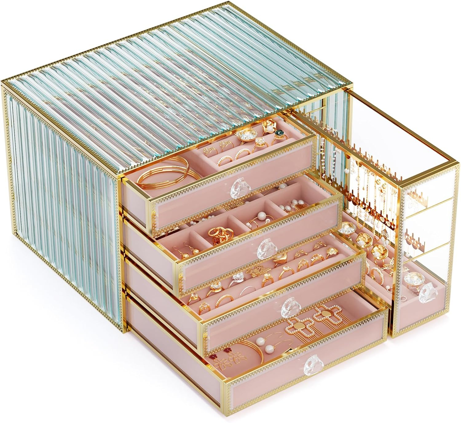 Youdepot Jewelry organizer box-Tempered Glass 5-Drawer jewelry boxes for women, Large Jewelry Boxes & Organizers With Velvet Necklaces Earring Organizer.