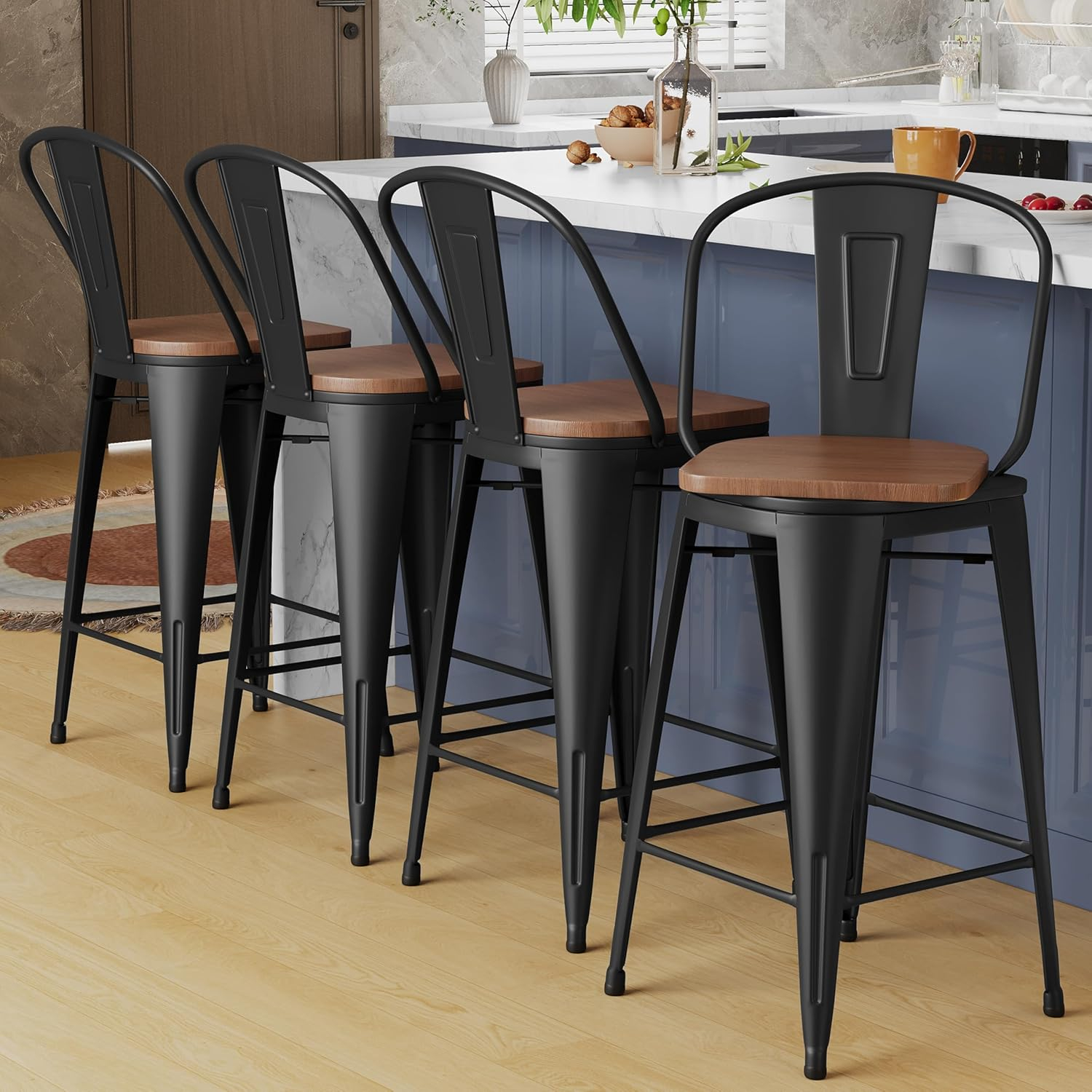Andeworld Swivel Metal Bar Stools Set of 4 Counter Height Stools Counter Bar Stools with Back Swivel Metal Bar Chairs Wooded Seat 30 Inch Matte Black