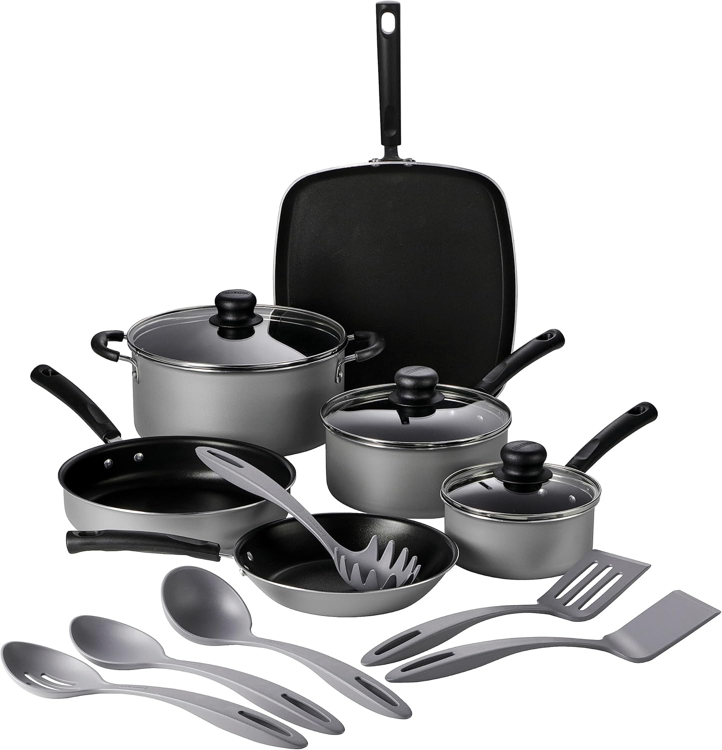 15-Piece Silver Nonstick Aluminum Cookware Set with Utensils