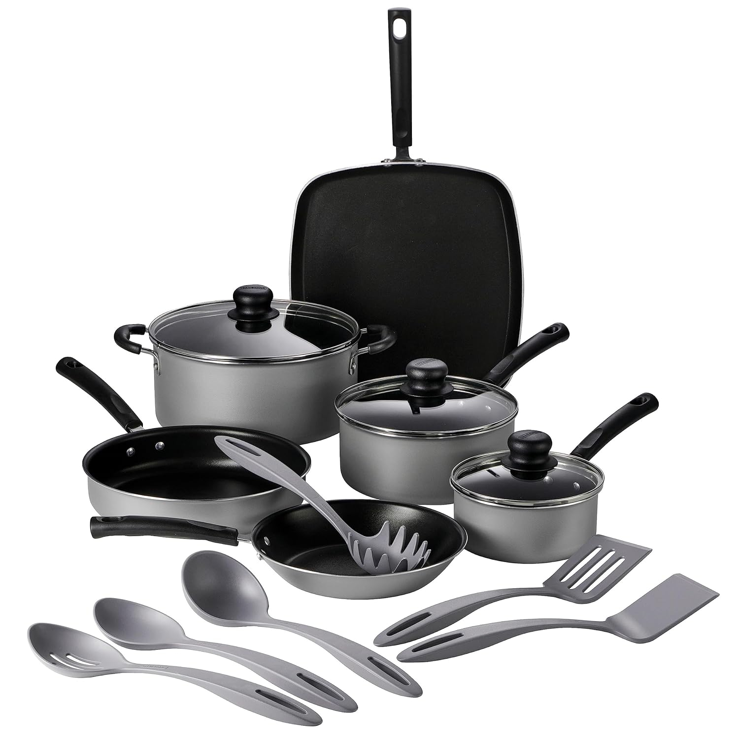 15-Piece Silver Nonstick Aluminum Cookware Set with Utensils