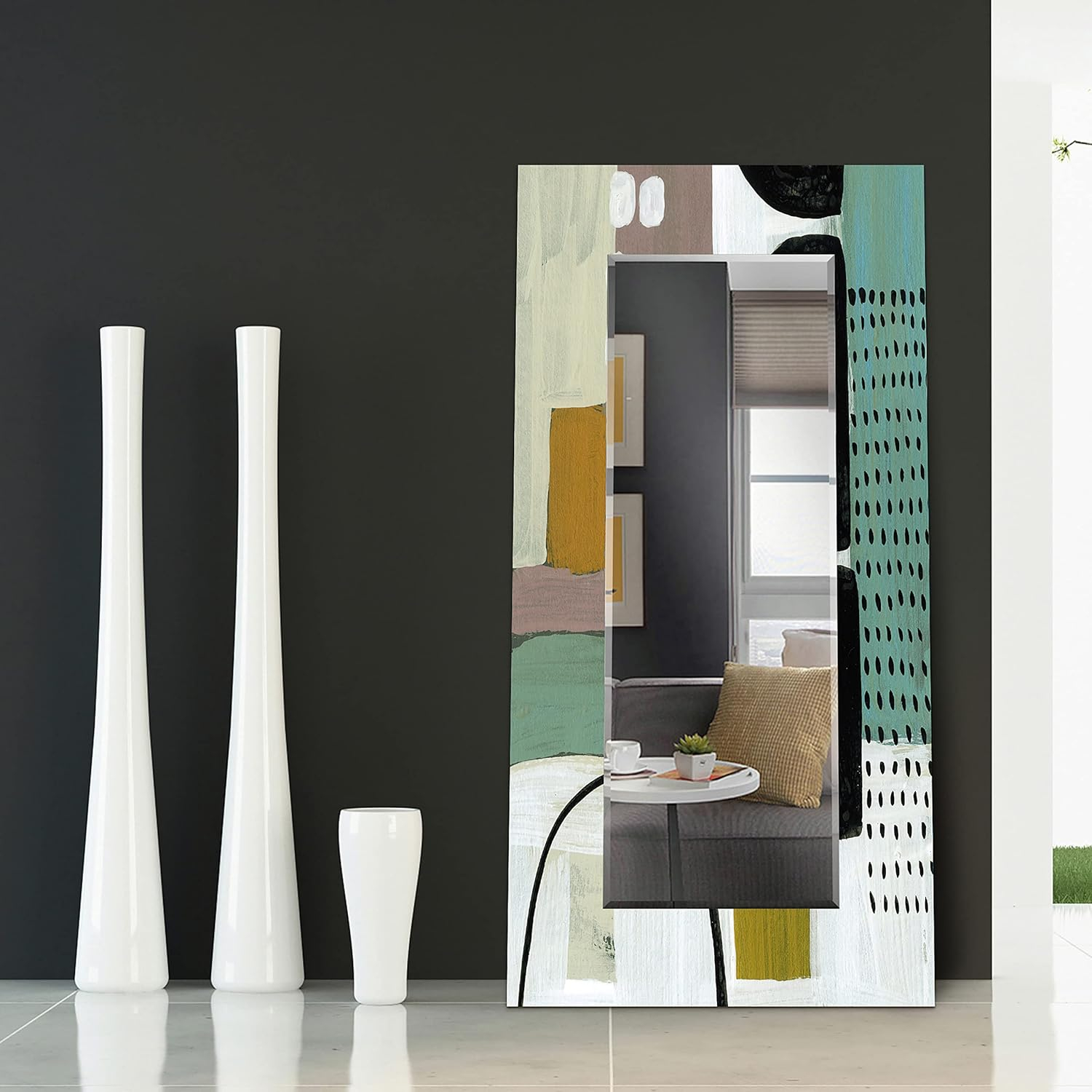 Empire Art Direct Abstract Rectangular Beveled Wall Mirror on Free Floating Printed Tempered Glass - 36" x 72"