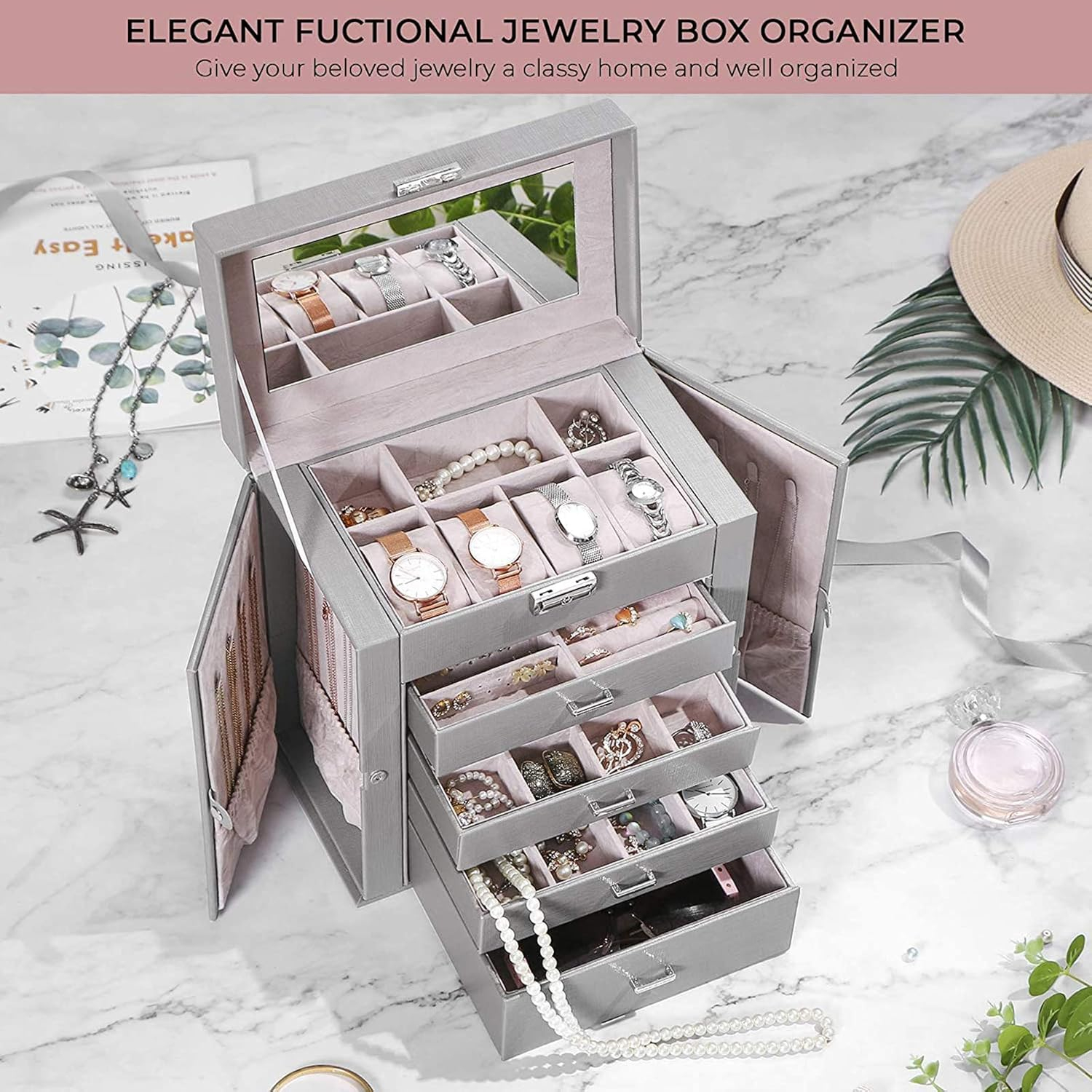 ANWBROAD Jewelry Box 5 Tier Jewelry Storage Organizer Jewelry Case with 4 Drawers with Mirror Lockable Jewelry Boxes for Women Gift for Loved Ones for Your Jewelry Sturdy UJJB003H