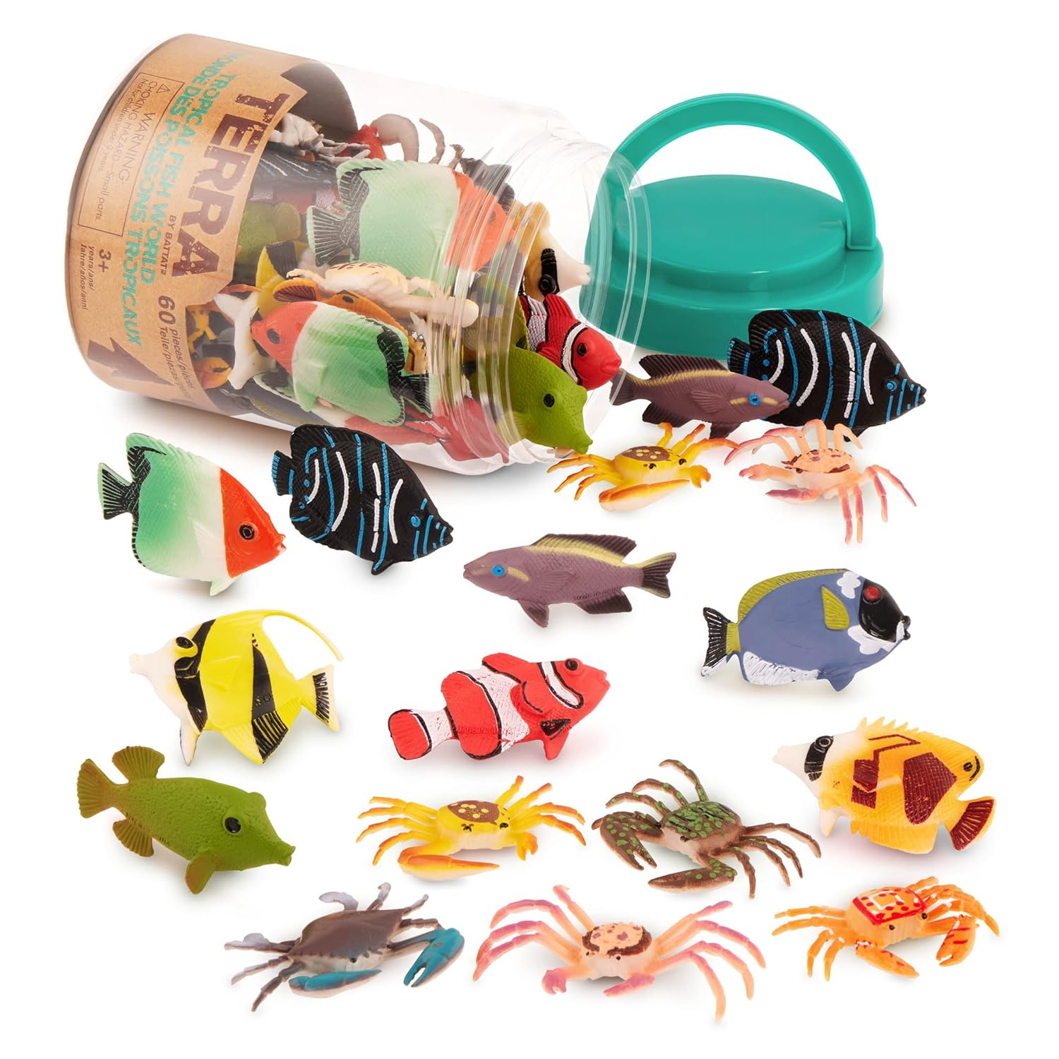 Terra by Battat – 60pcs Tropical Fish & Crab Toys – Mini Plastic Ocean Animal Figurines for Kids – Realistic Sea Creatures in Tube – Sensory Educational Playset for Toddlers Ages 3+