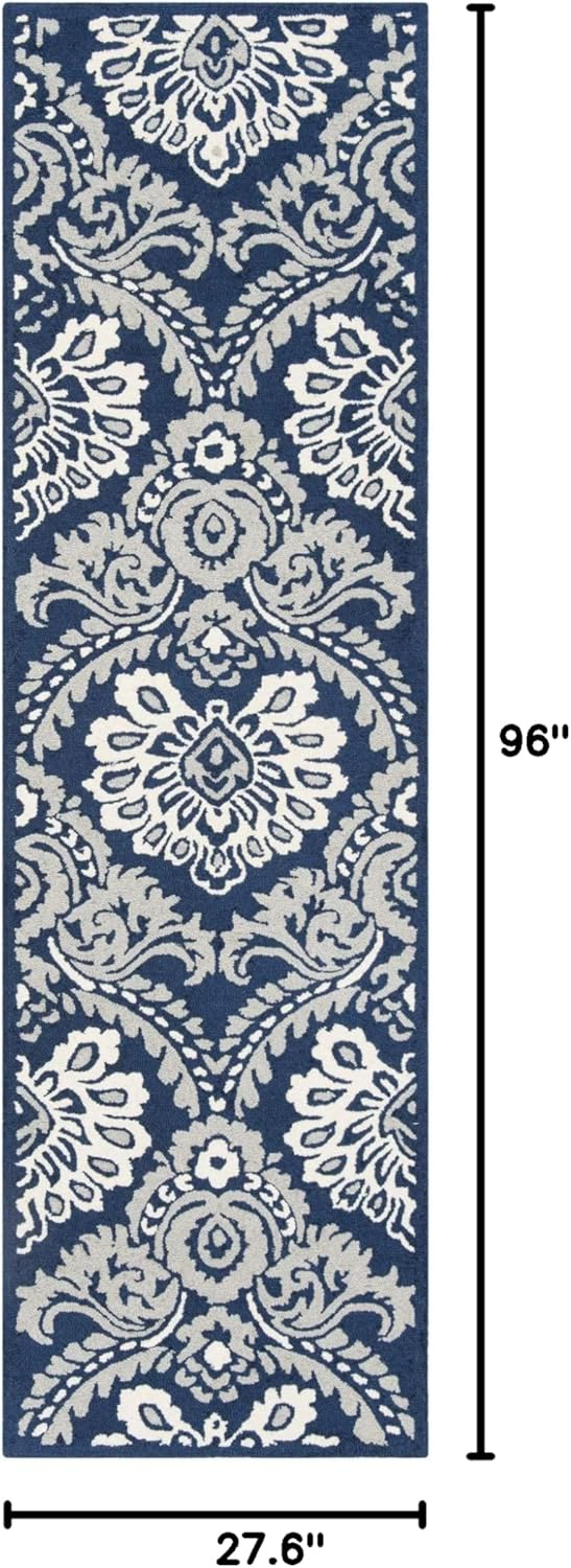 SAFAVIEH Blossom Travis Damask Wool Runner Rug, Navy/Ivory, 2'3" x 8'