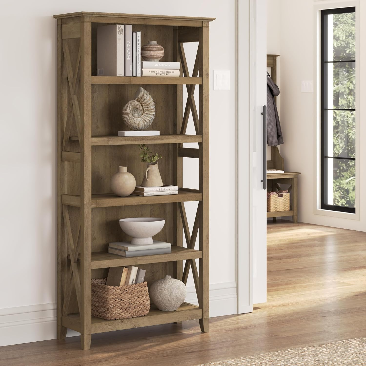 Bush Furniture Key West Tall 5 Shelf Bookcase, Reclaimed Pine