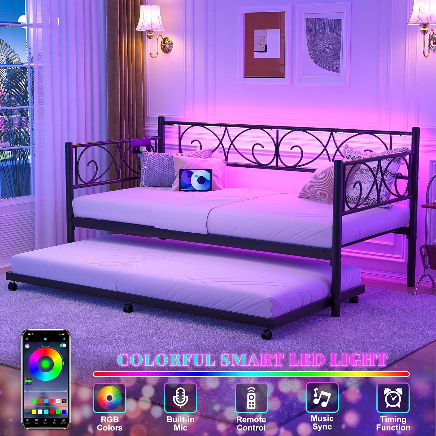 iSunirm Twin Size Daybed with Trundle Bed, Charging Station and LED Lights, Aron Art Headboard Day Bed, All Thick Metal Frame Heavy Duty, Built for Guest Room/Living Room/Bed Room