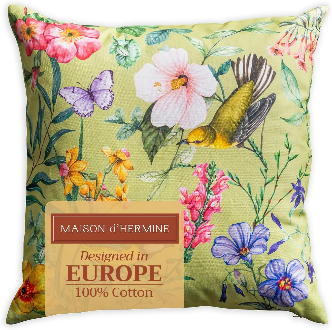 Maison d' Hermine Decorative Pillow Covers 20x20 Inch Square 100% Cotton Throw Pillow Covers with Zipper - Chair, Couches, Sofas, Bedroom, Home, Gifts for Mothers Day (Hesperides - Oiseaux)
