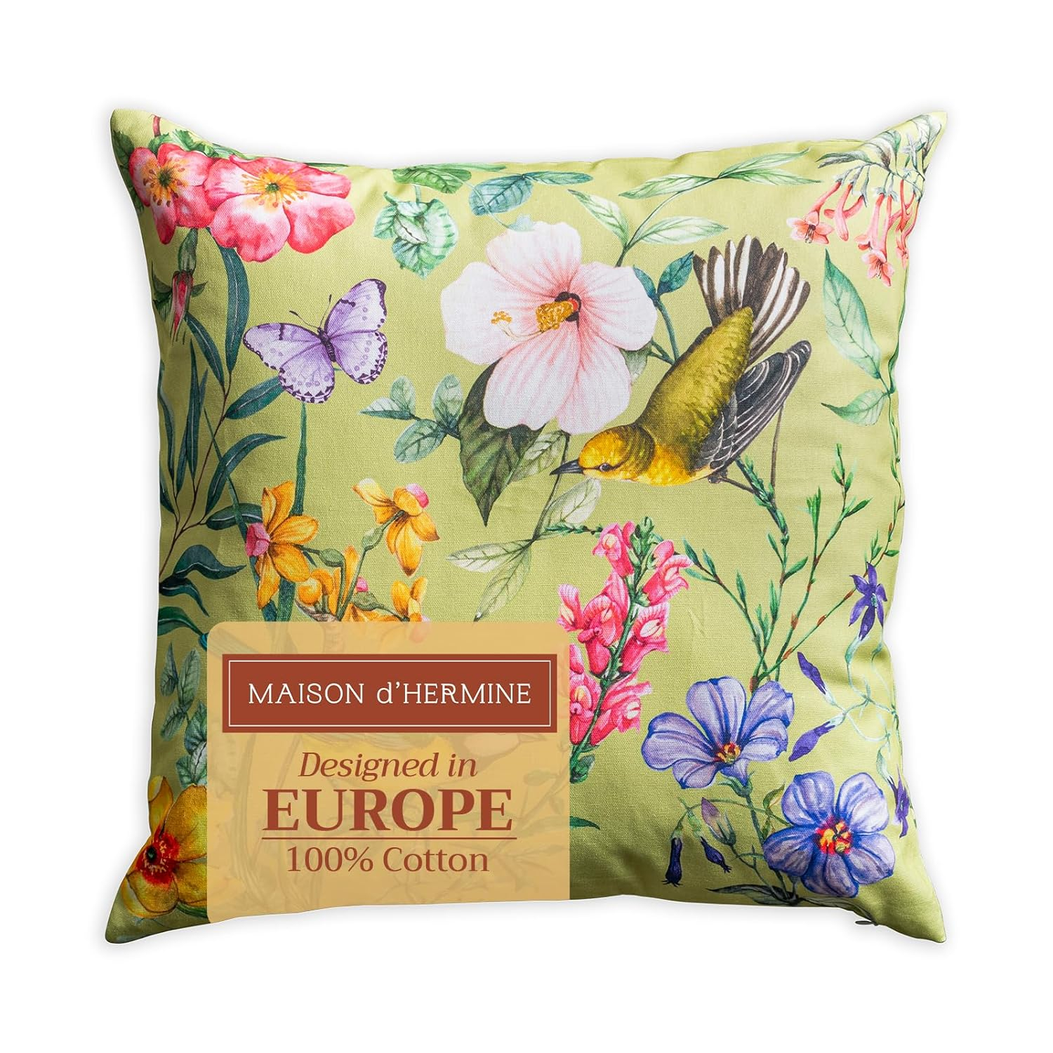 Maison d' Hermine Decorative Pillow Covers 18 x 18 Inch Square 100% Cotton Throw Pillow Covers with Invisible Zipper for Living Room Couch, Chair, Sofas, Bedroom, Home (Hesperides - Oiseaux)